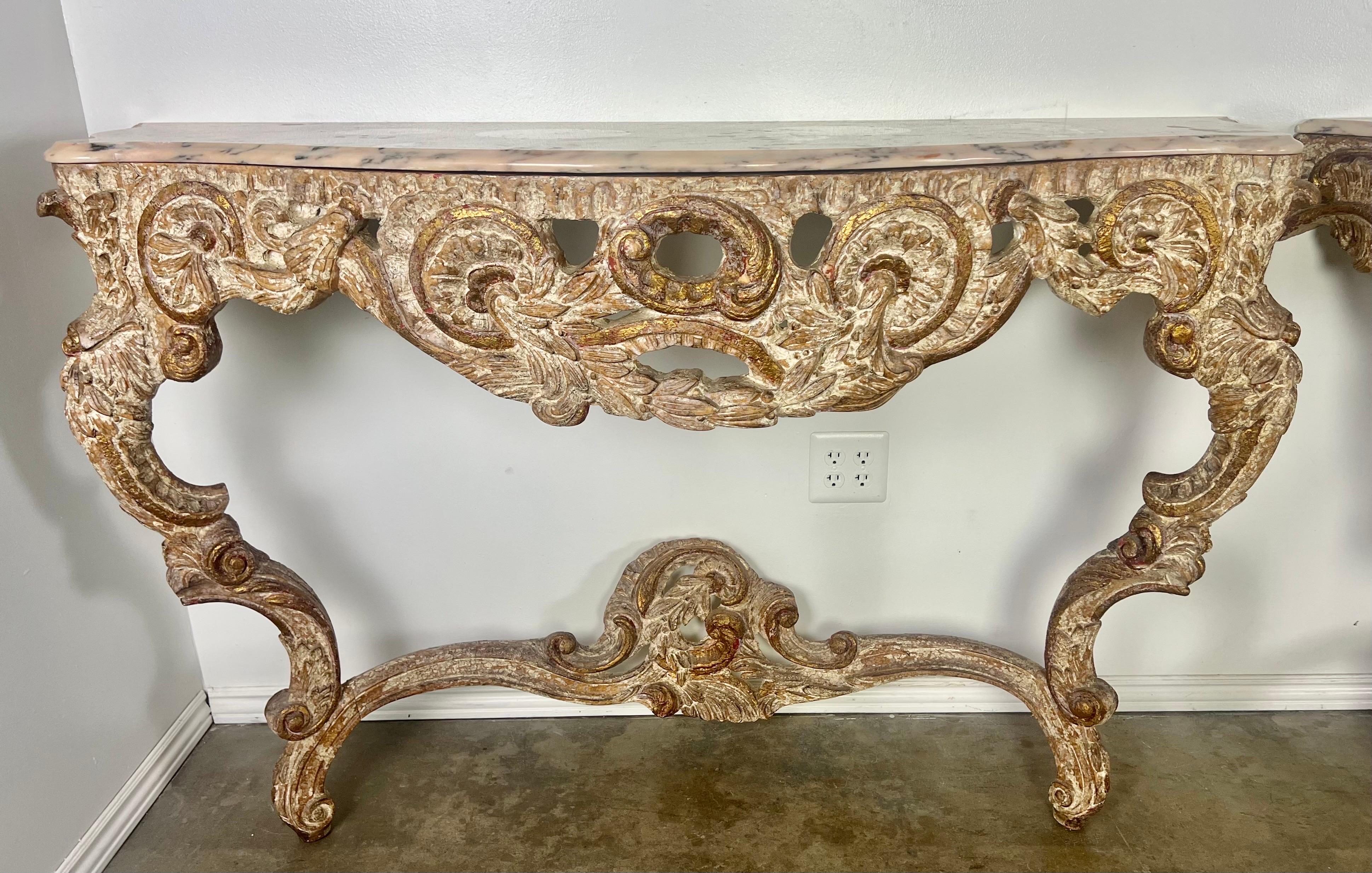 Pair of 1930's Painted French Rococo Style Consoles with Marble Tops In Distressed Condition For Sale In Los Angeles, CA