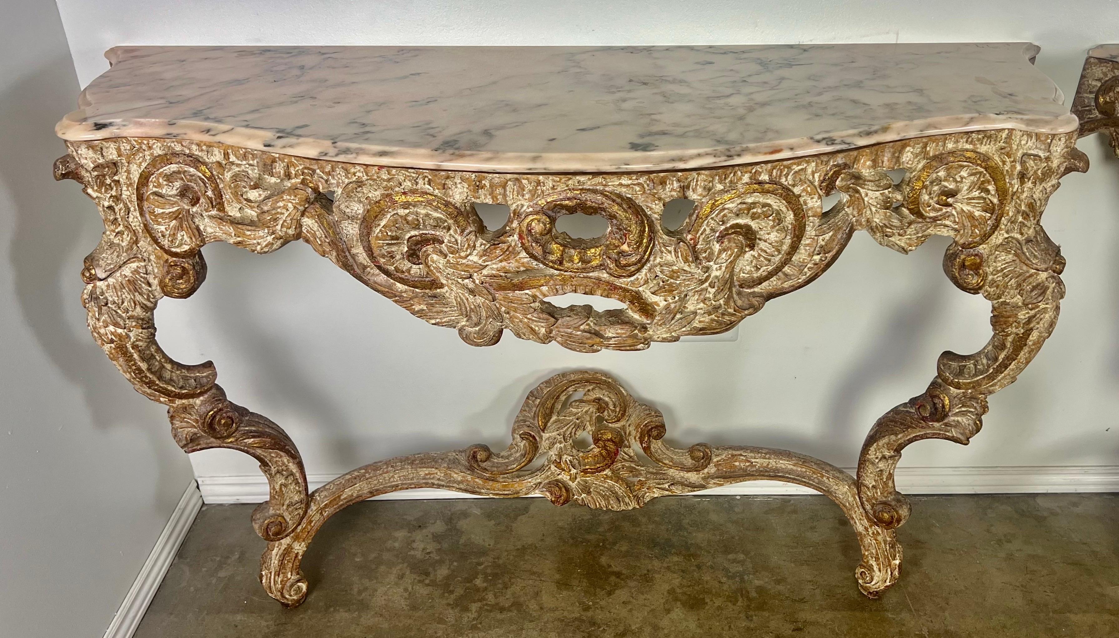 Mid-20th Century Pair of 1930's Painted French Rococo Style Consoles with Marble Tops For Sale