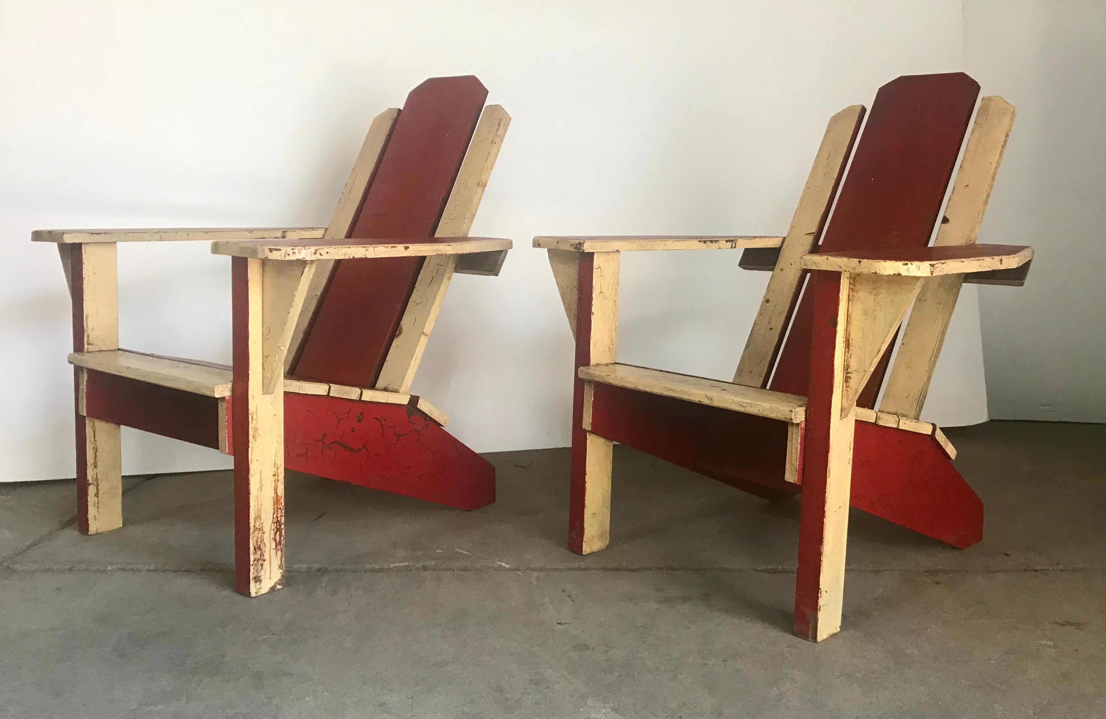 American Pair of 1930s Painted Two-Tone Adirondack, Westport Deck Chairs