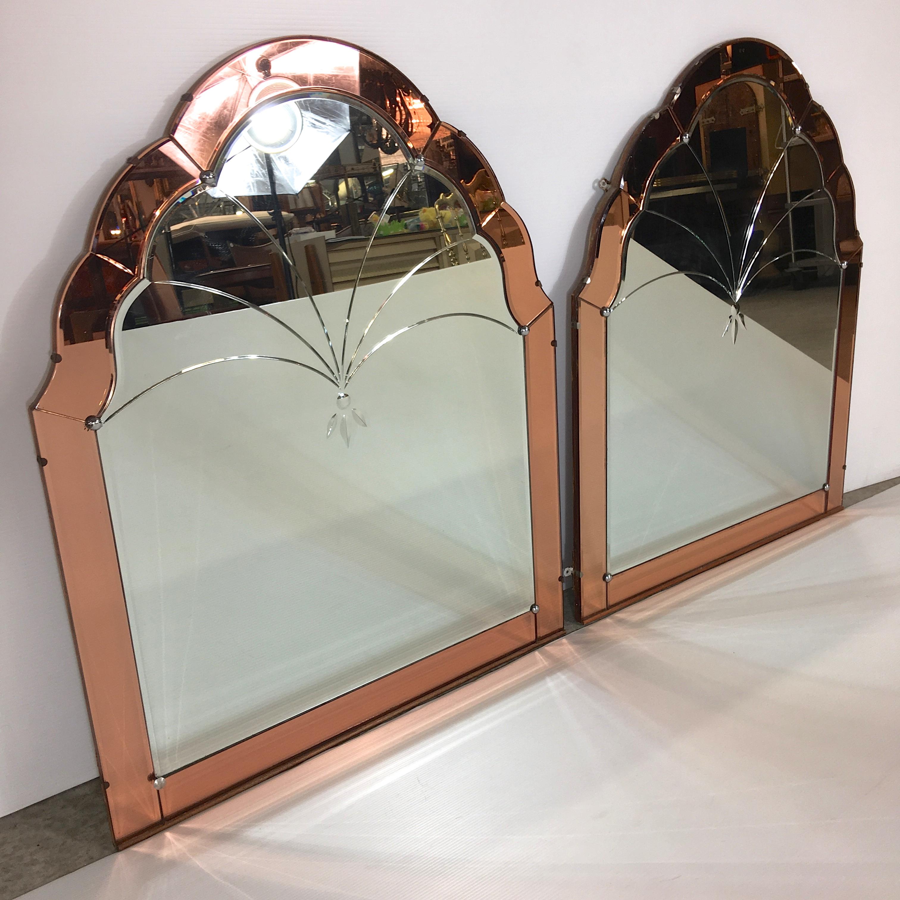 Pair of Venetian Art Deco Mirrors Rose Pink Cut Glass 1
