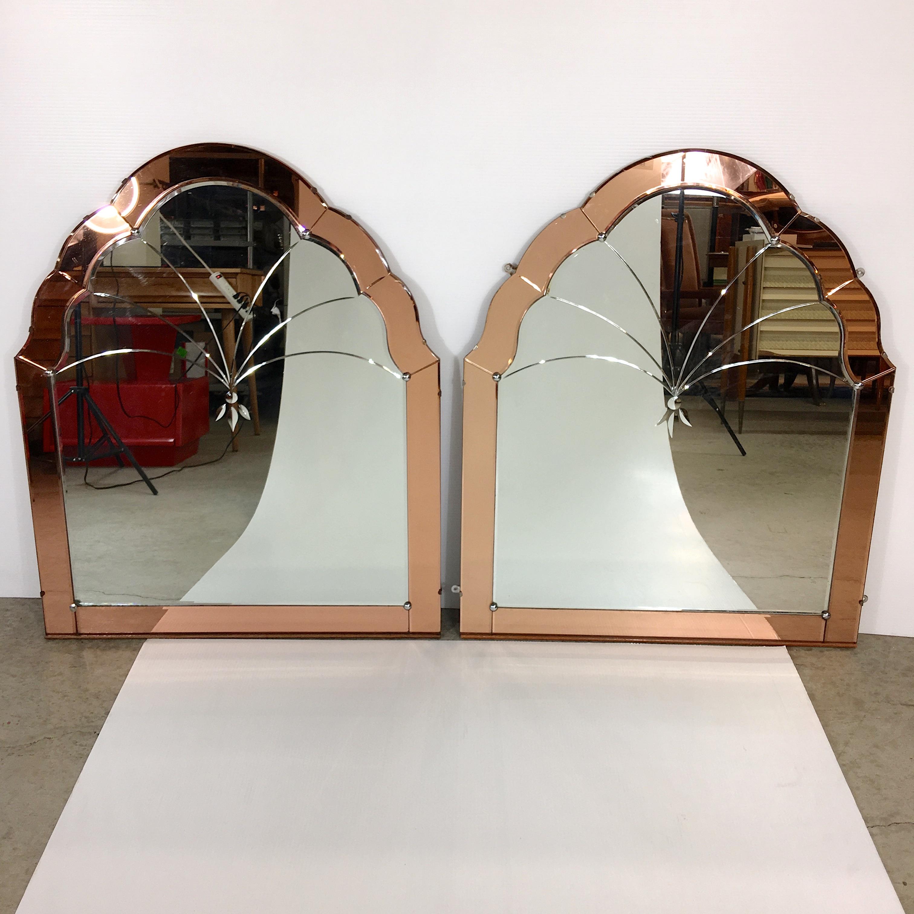 Pair of Venetian Art Deco Mirrors Rose Pink Cut Glass 2