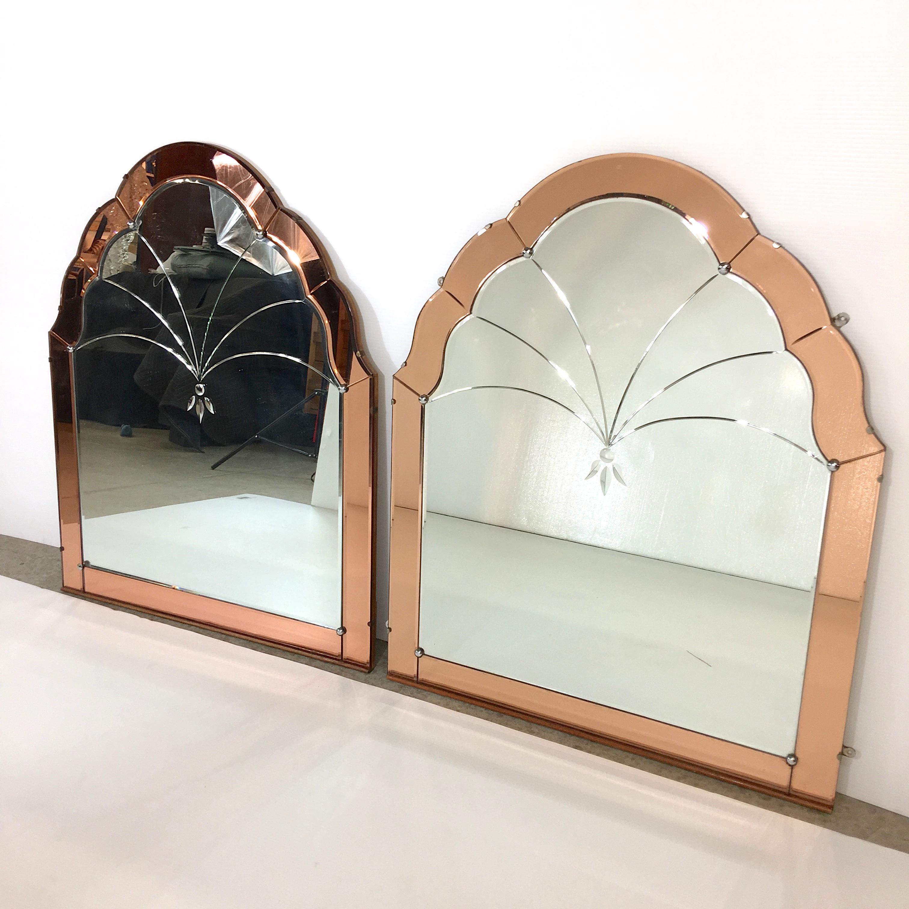 Pair of Venetian Art Deco Mirrors Rose Pink Cut Glass 7