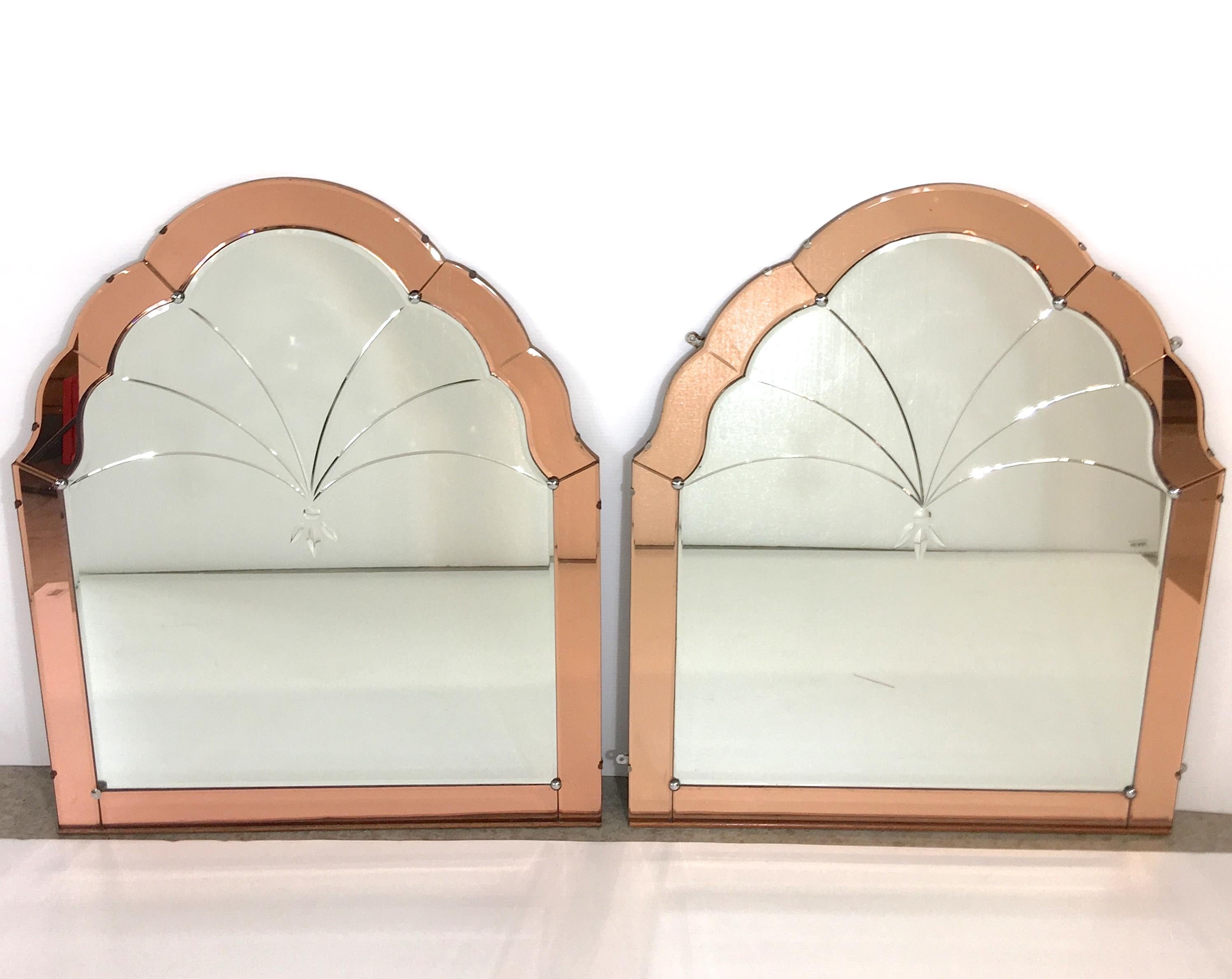 Pair of Venetian Art Deco Mirrors Rose Pink Cut Glass 8