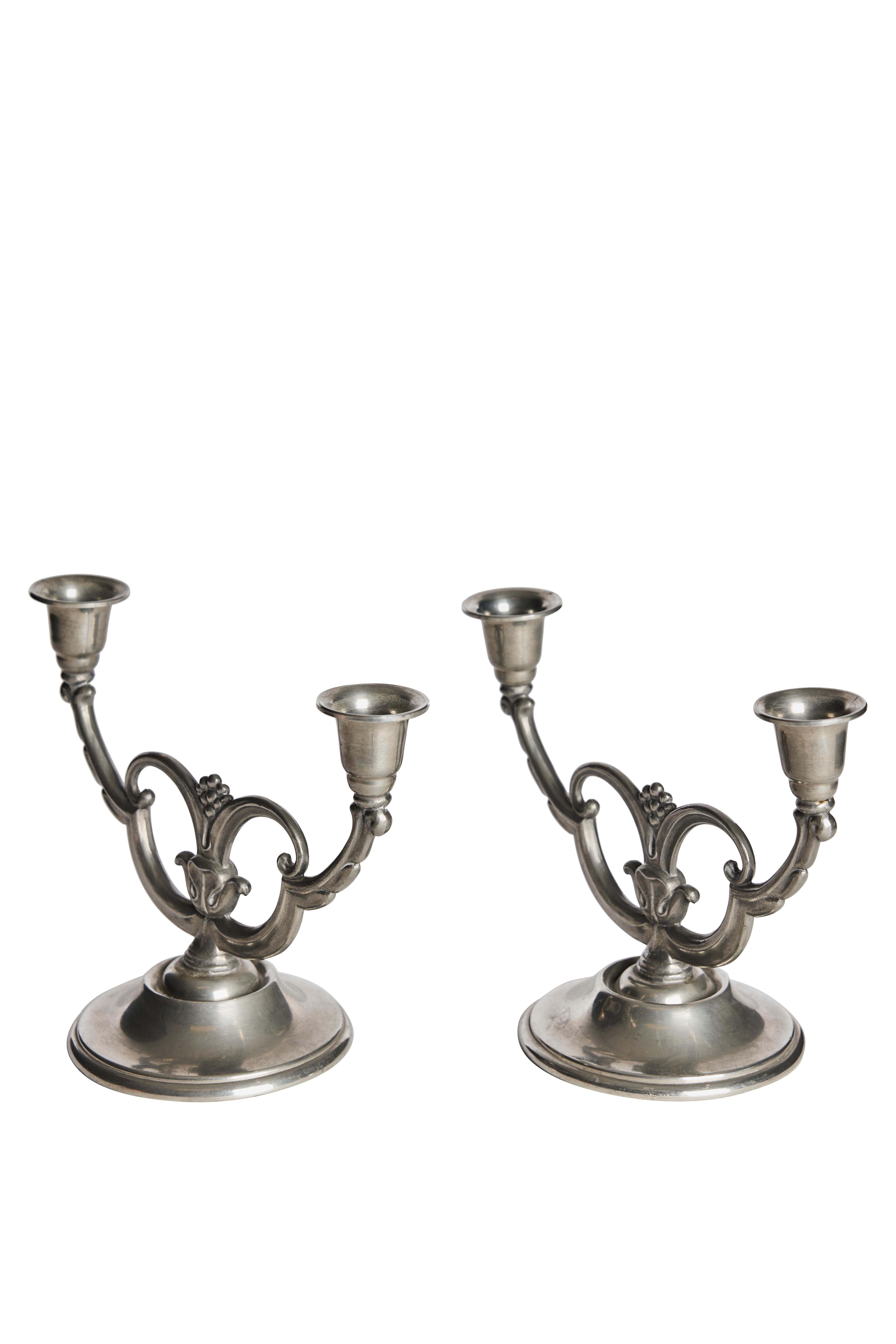 Scandinavian Modern Pair of 1930s Pewter Candelabra by JLH, Svenskt Tenn, Sweden For Sale