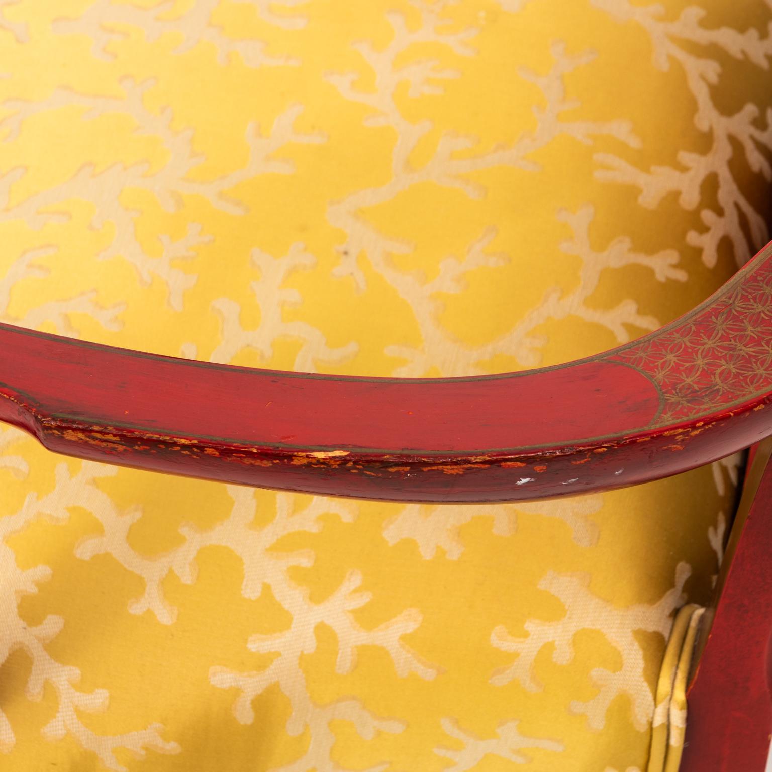 Pair of 1930s Queen Ann style Chinoiserie armchairs painted in red with gold painted Chinese landscape scenes.
    