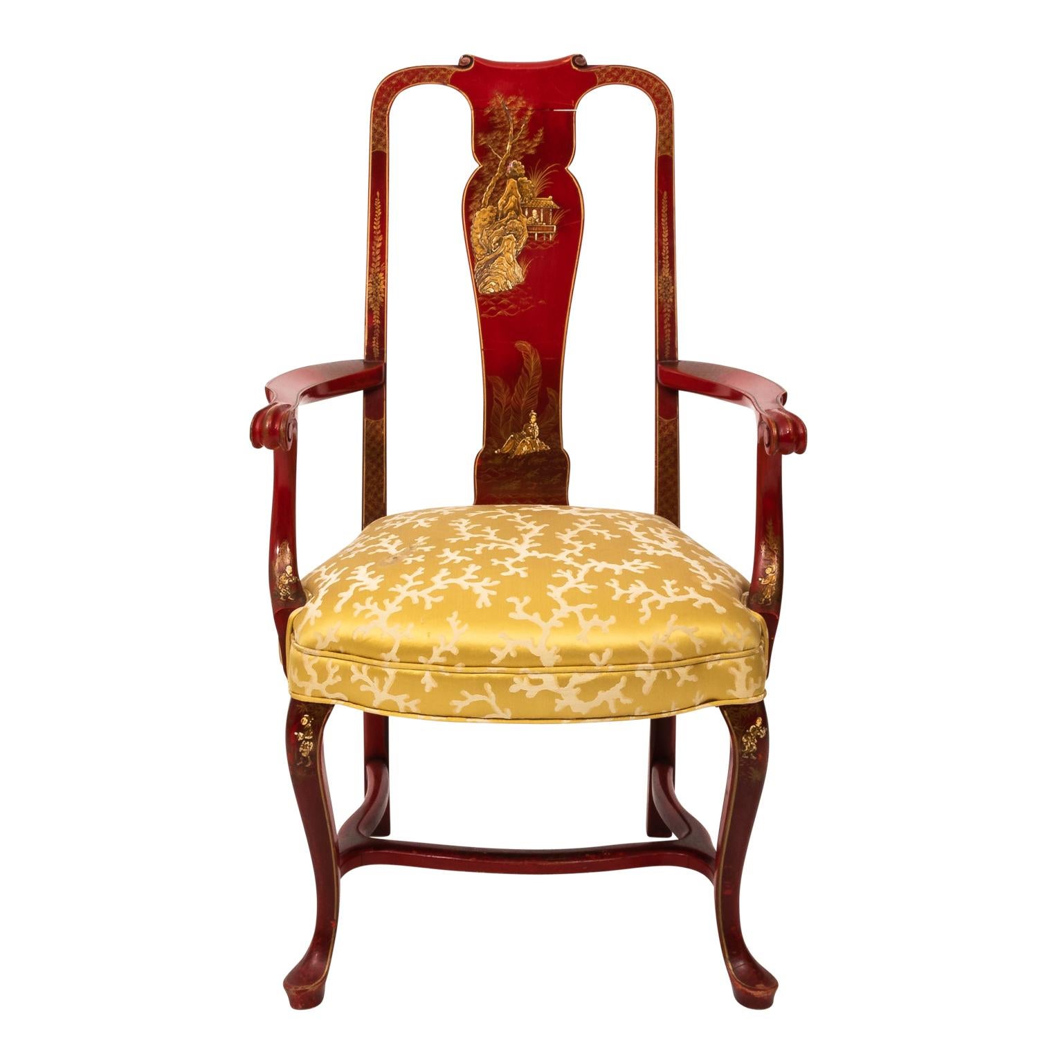 Queen Anne Pair of 1930s Queen Ann Style Chinoiserie Armchairs