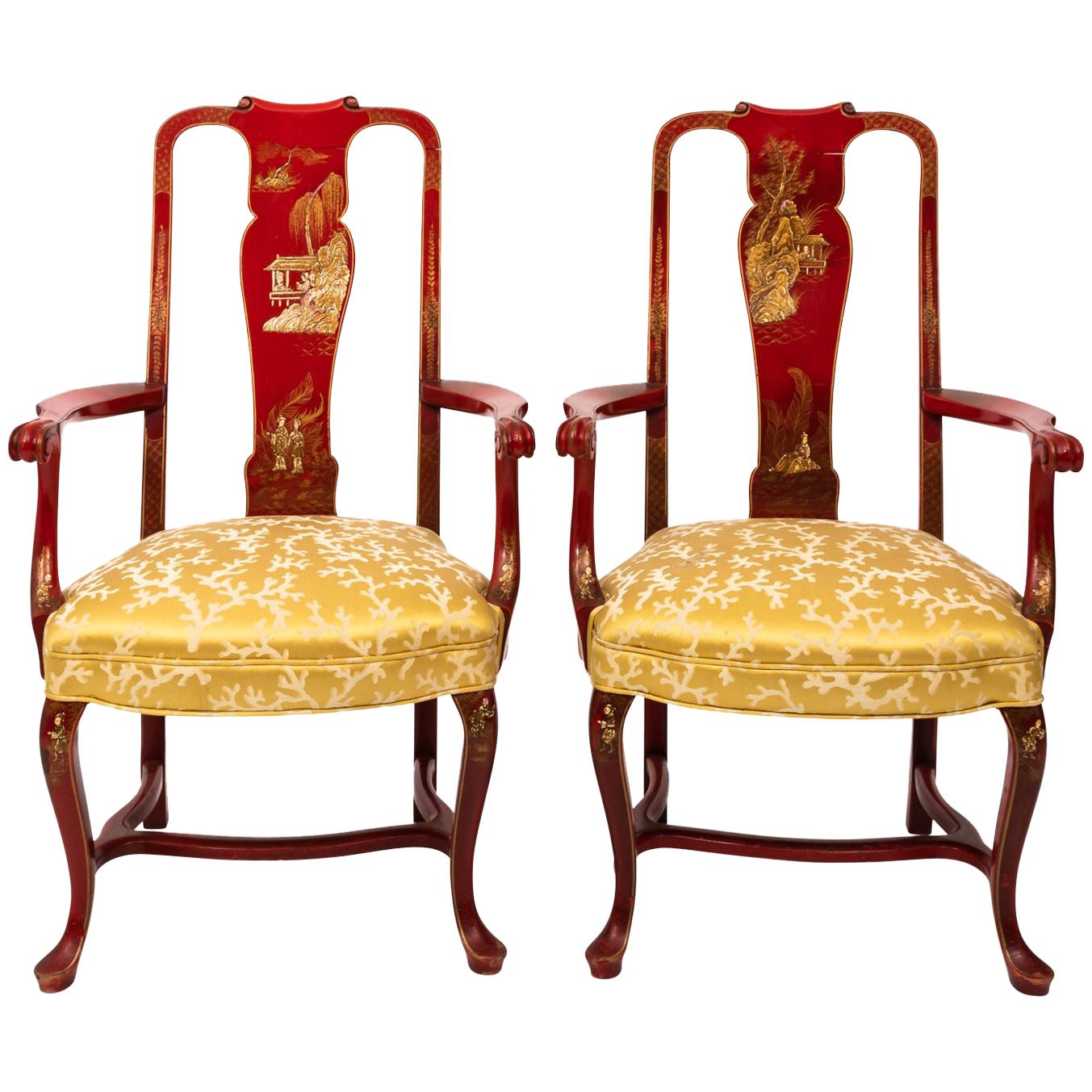 Pair of 1930s Queen Ann Style Chinoiserie Armchairs