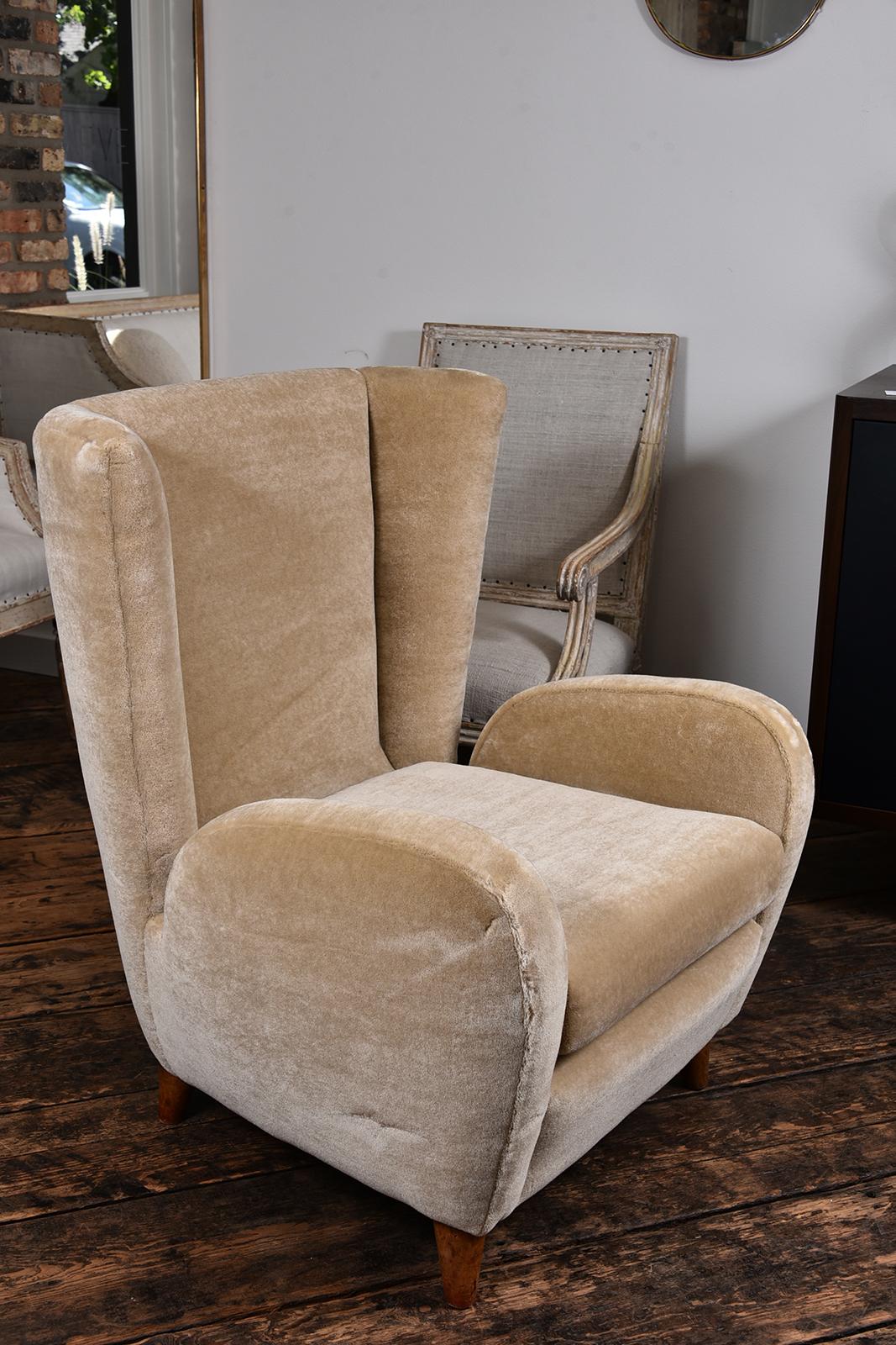 Pair of 1930s Scandinavian club chairs covered in Pierre Frey Mohair.