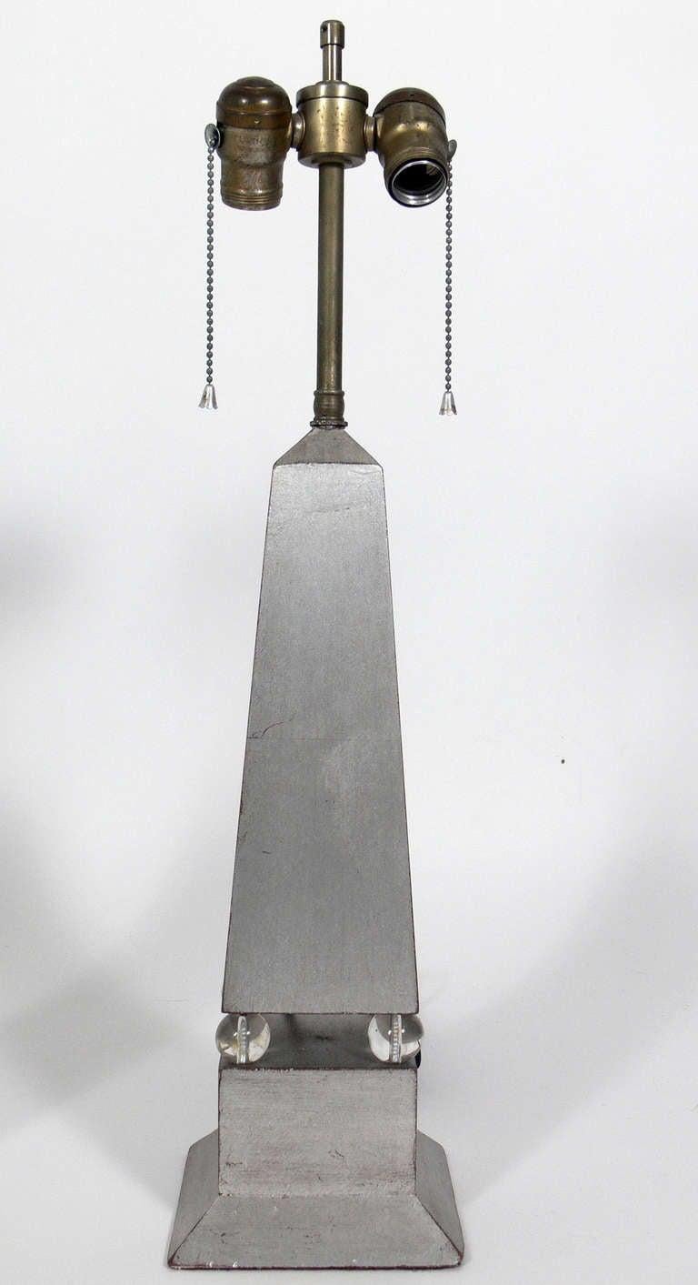 Gilt Pair of 1930s Silver Leaf Obelisk Lamps For Sale