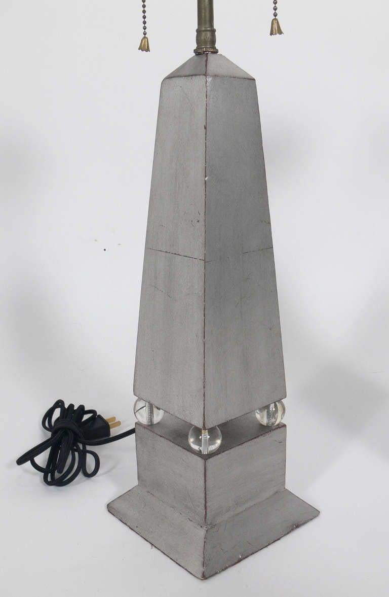 Mid-20th Century Pair of 1930s Silver Leaf Obelisk Lamps For Sale