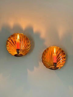 Pair of 1930s Solid Brass Scallop Shell Sconces