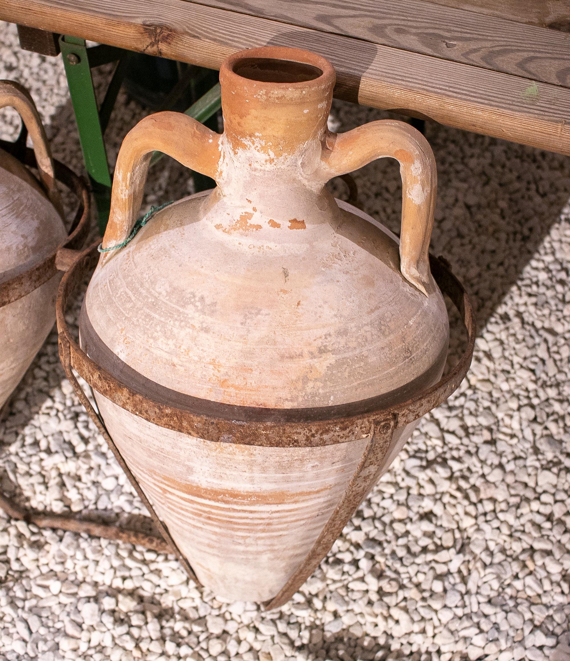 Mid-20th Century Pair of 1930s Spanish Terracotta Vases w/ Iron Basket to be Carried by Mules