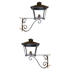 Antique Pair of 1930s Spanish Wrought Iron Black Wall Lamp Lanterns