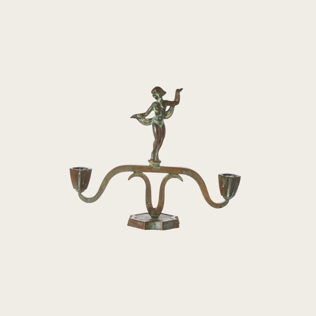 Pair of 1930s Swedish Art Deco Patinated Bronze Statuesque Candleholders In Good Condition For Sale In Brooklyn, NY