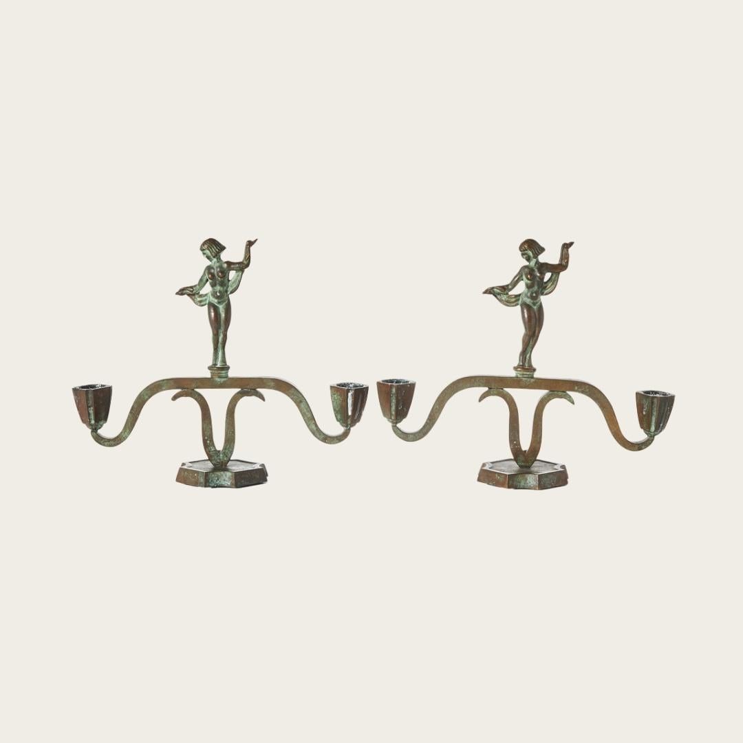 Mid-20th Century Pair of 1930s Swedish Art Deco Patinated Bronze Statuesque Candleholders For Sale