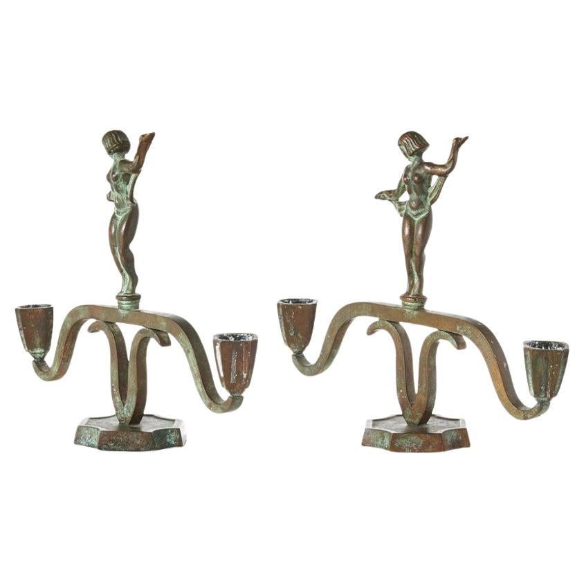 Pair of 1930s Swedish Art Deco Patinated Bronze Statuesque Candleholders For Sale