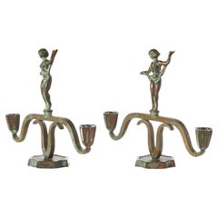 Pair of 1930s Swedish Art Deco Patinated Bronze Statuesque Candleholders