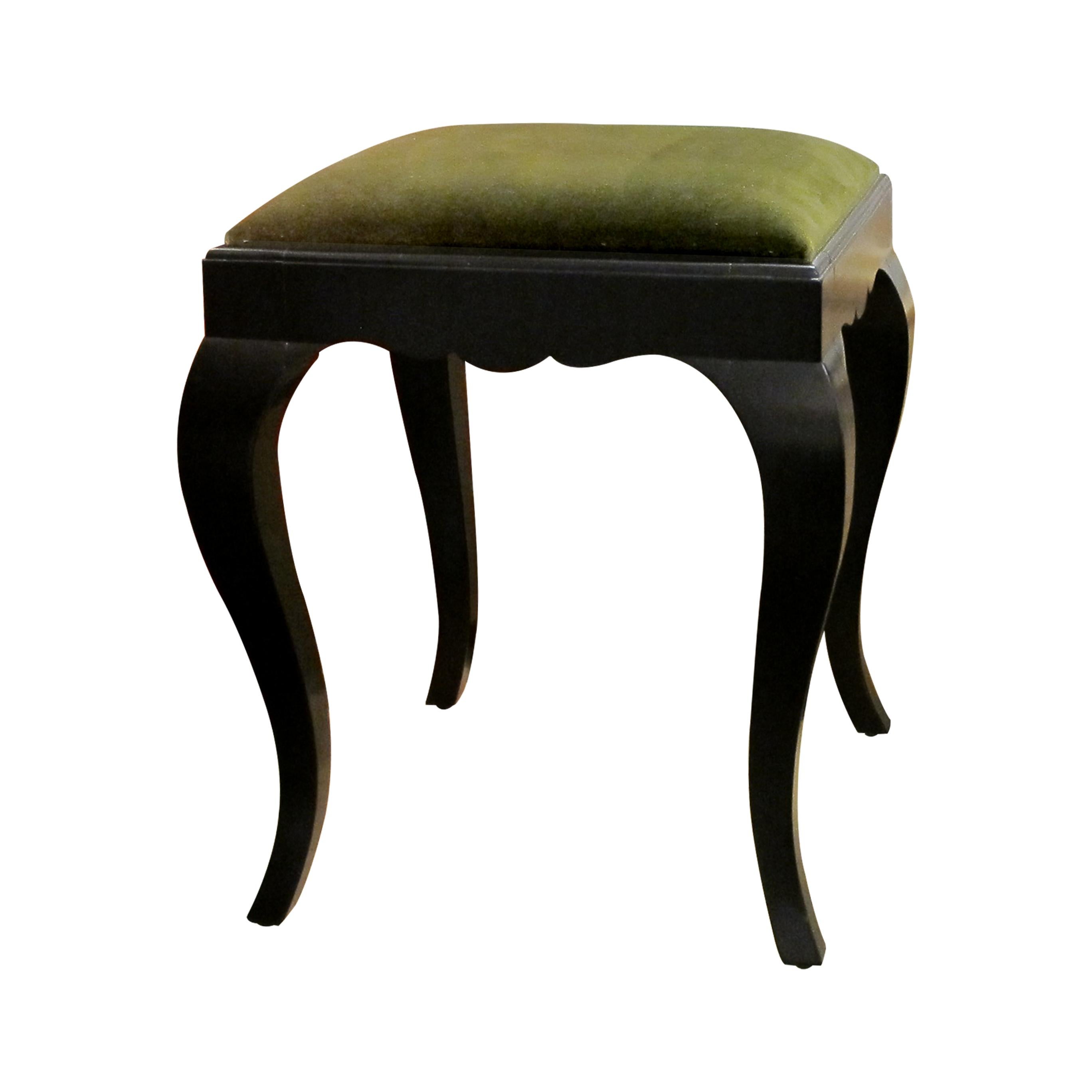 Mid-Century Modern Pair of 1930s Swedish Ebonized Stools Newly Upholstered in Green Velvet Fabric