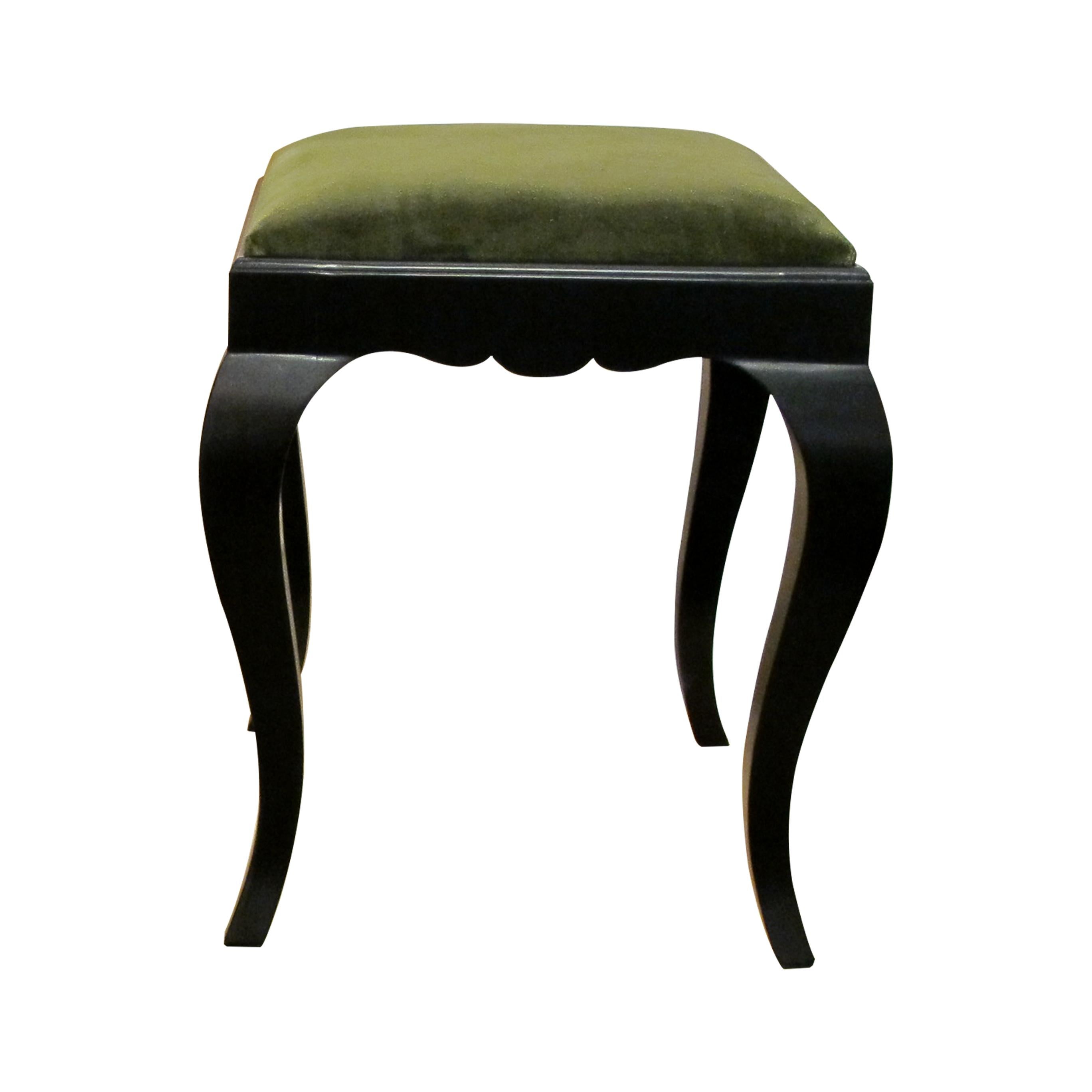 Pair of 1930s Swedish Ebonized Stools Newly Upholstered in Green Velvet Fabric In Good Condition In London, GB