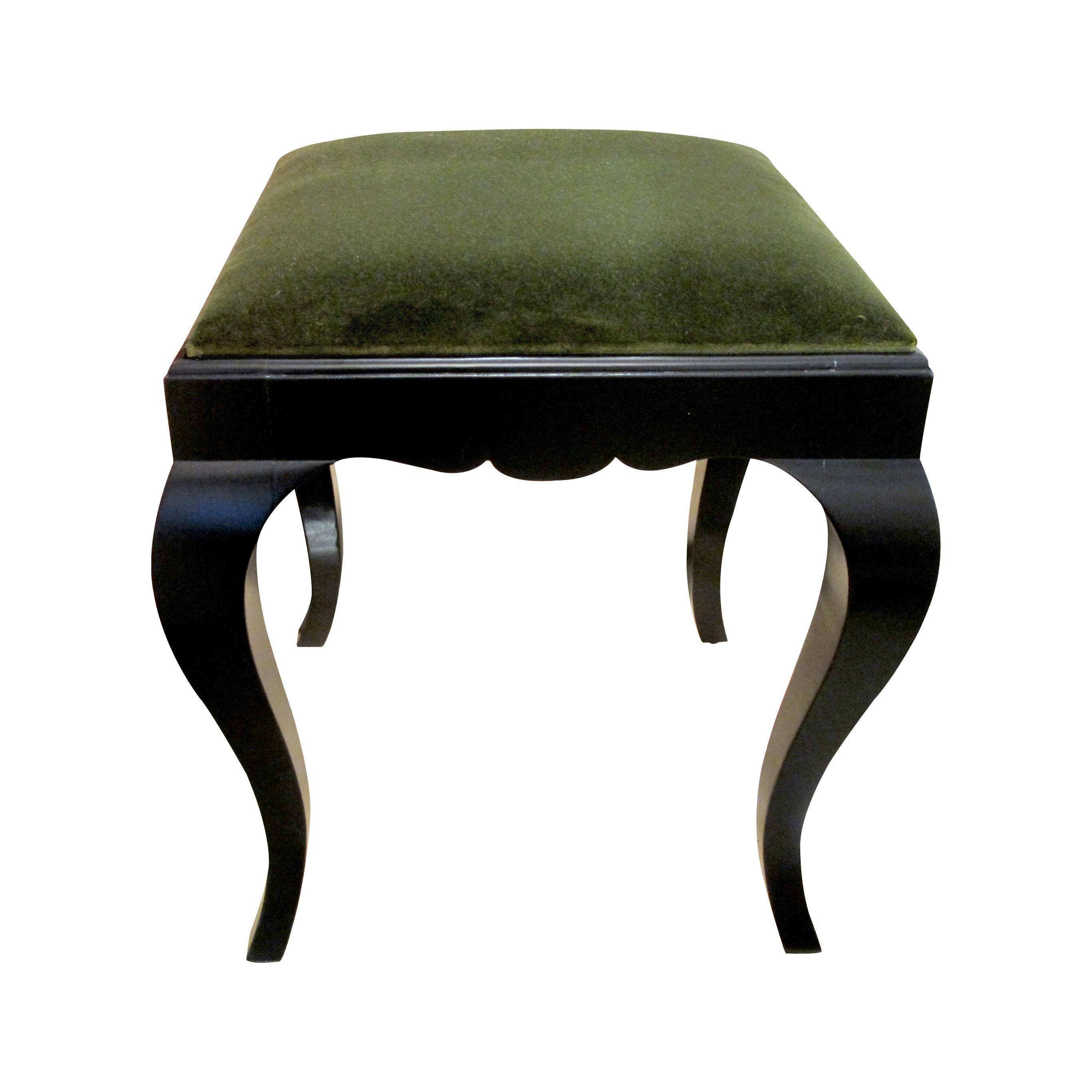 Mid-20th Century Pair of 1930s Swedish Ebonized Stools Newly Upholstered in Green Velvet Fabric