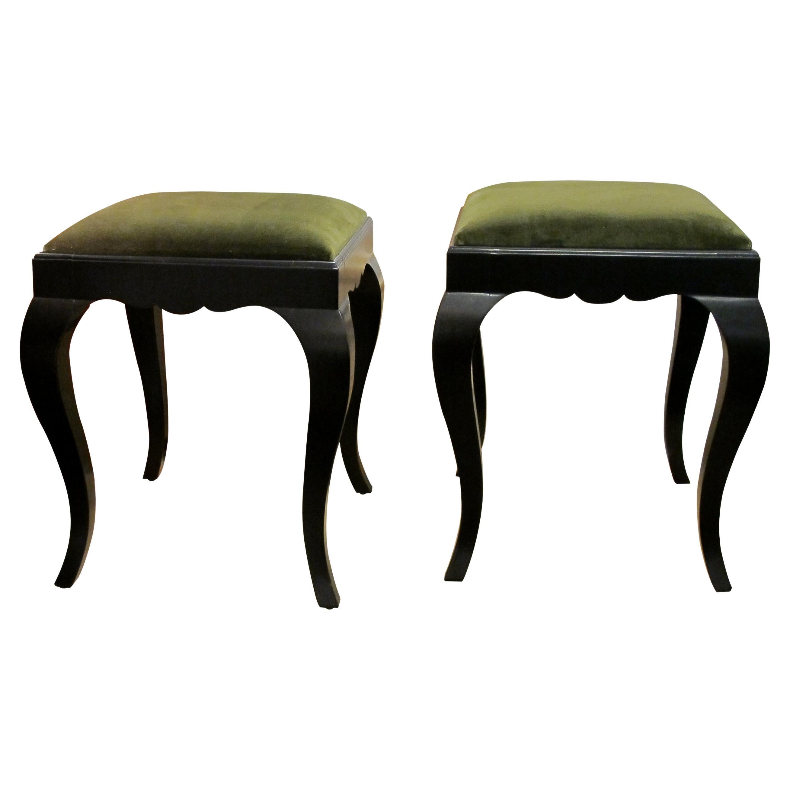 Pair of 1930s Swedish Ebonized Stools Newly Upholstered in Green Velvet Fabric