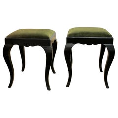 Pair of 1930s Swedish Ebonized Stools Newly Upholstered in Green Velvet Fabric