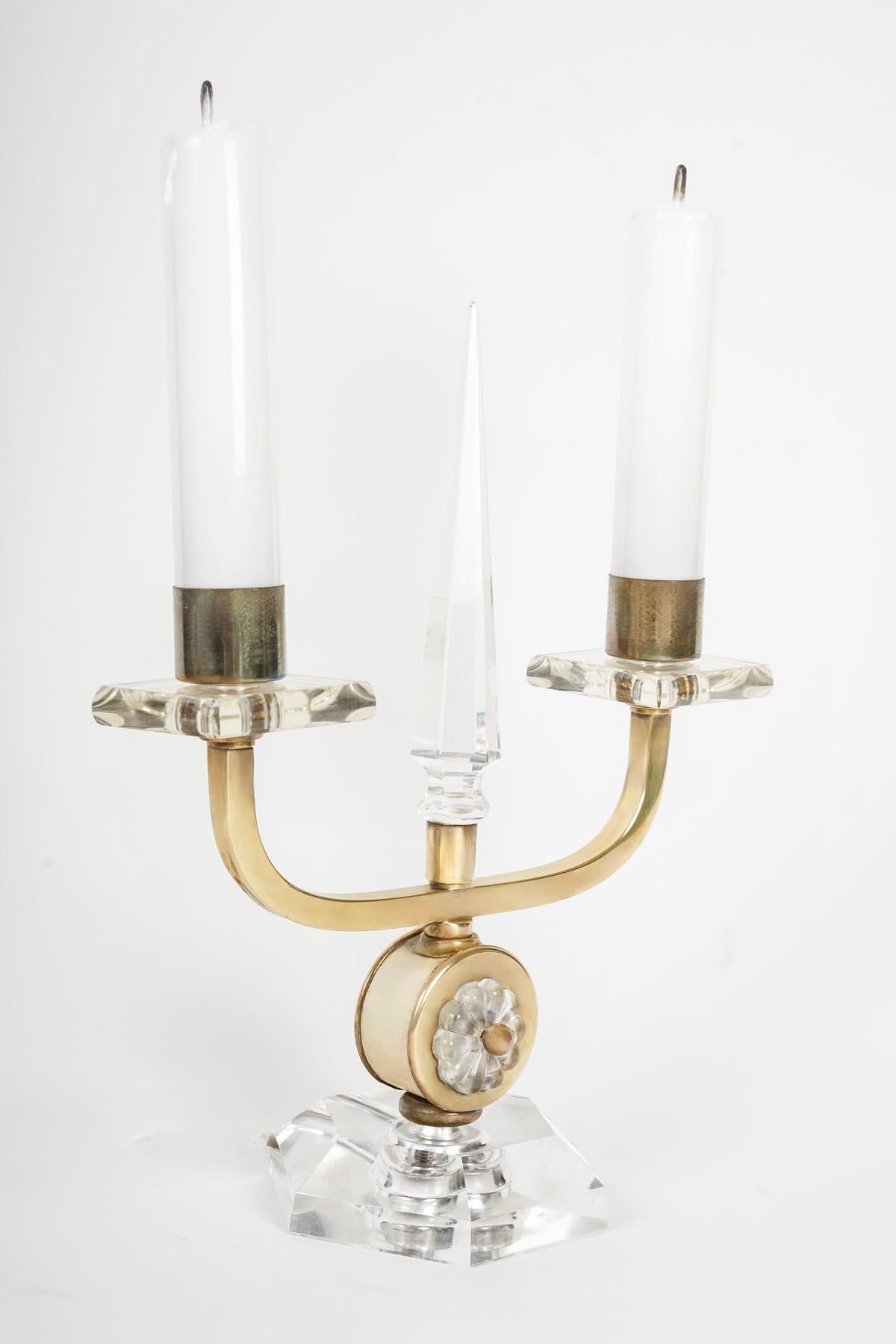 French Pair of 1930s table candlesticks in bronze and crystal by Cristalleries De Bacca