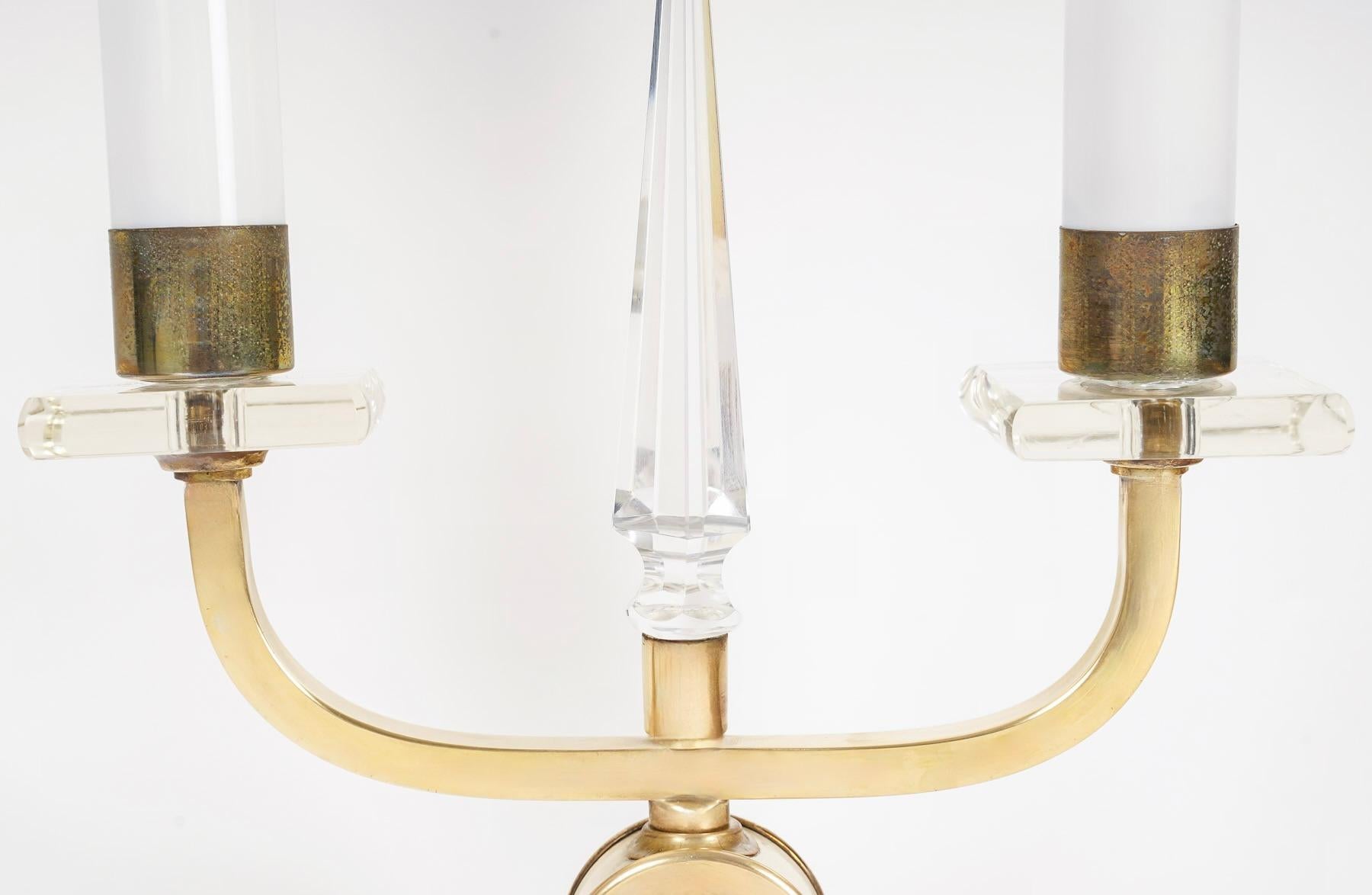 Bronze Pair of 1930s table candlesticks in bronze and crystal by Cristalleries De Bacca