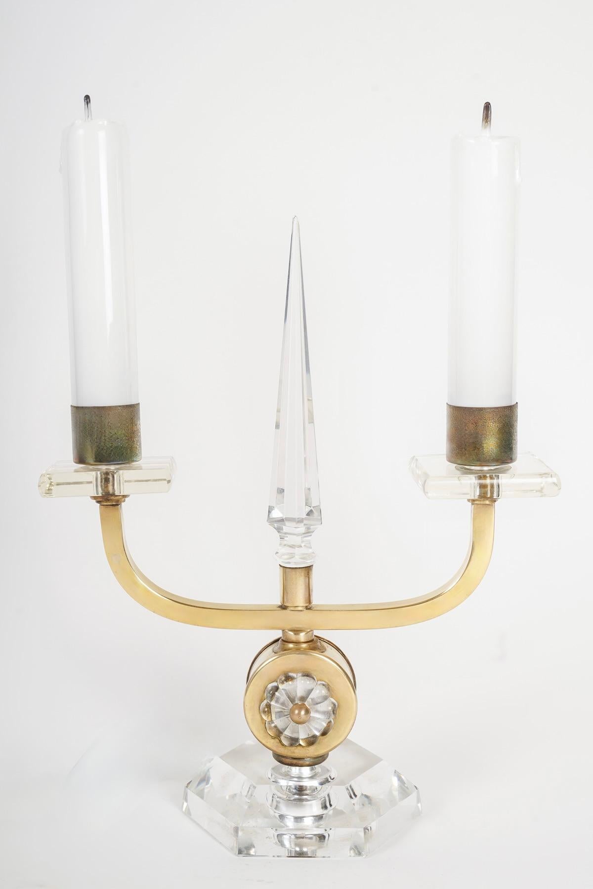 Pair of 1930s table candlesticks in bronze and crystal by Cristalleries De Bacca 1