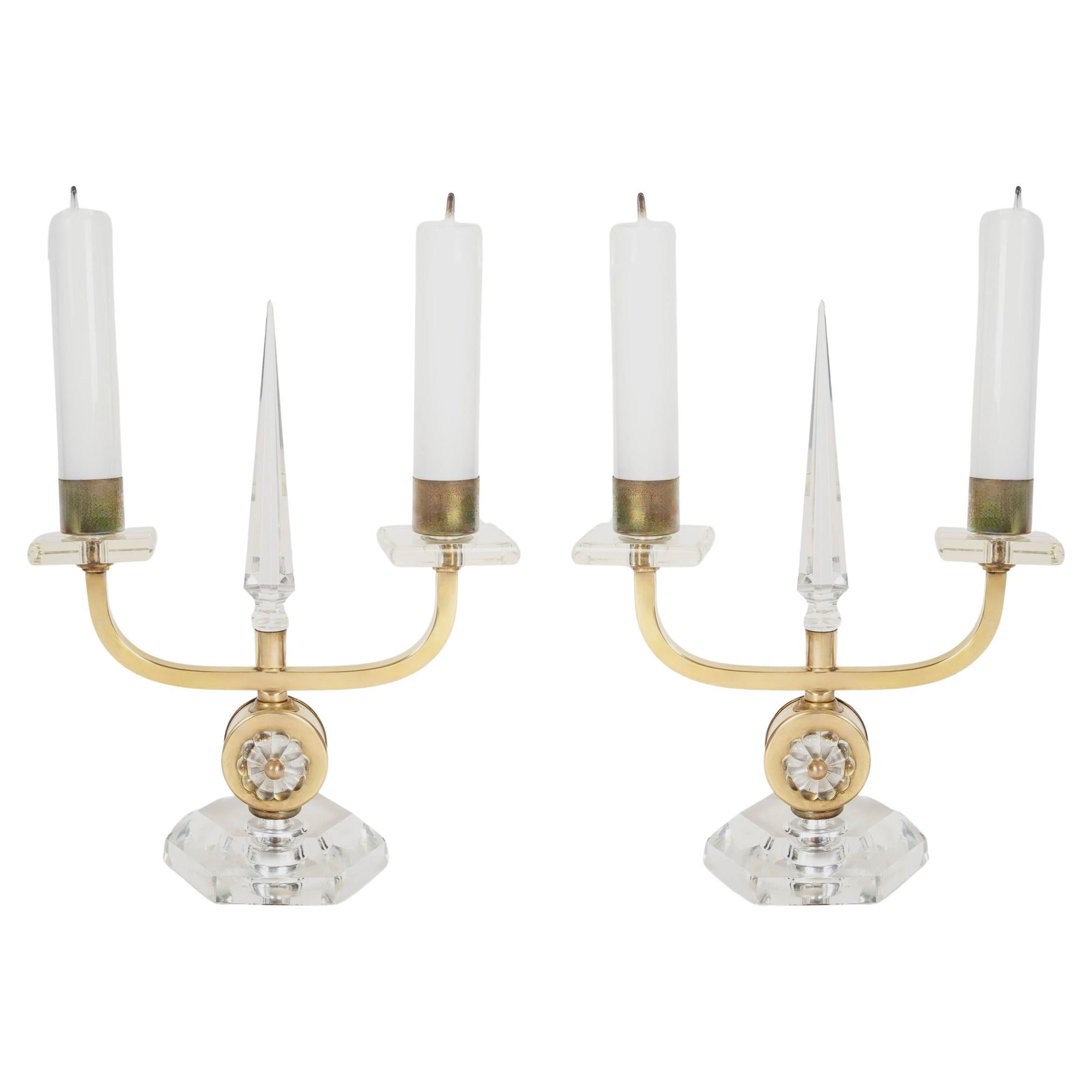 Pair of 1930s table candlesticks in bronze and crystal by Cristalleries De Bacca