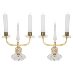 Vintage Pair of 1930s table candlesticks in bronze and crystal by Cristalleries De Bacca