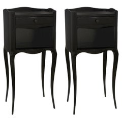 Pair of 1930s Tall French Oak Bedside Tables or Night Stands with Black Finish