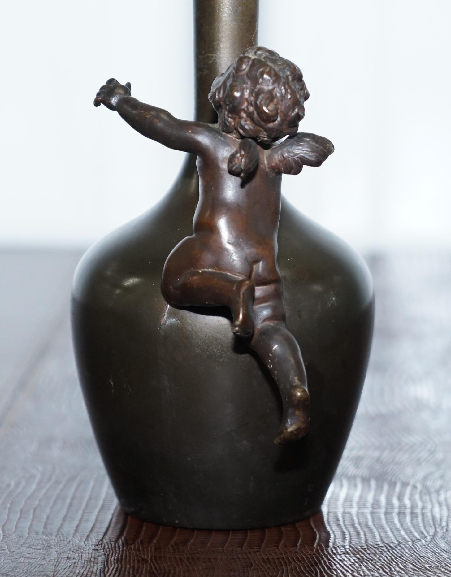 Pair of 1930s Vintage Bronze Jug Vase Urns with Little Cherub Angles Nice Find For Sale 2