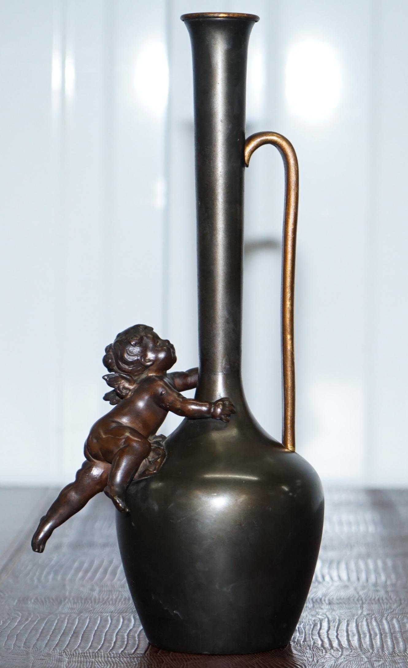 Pair of 1930s Vintage Bronze Jug Vase Urns with Little Cherub Angles Nice Find For Sale 3