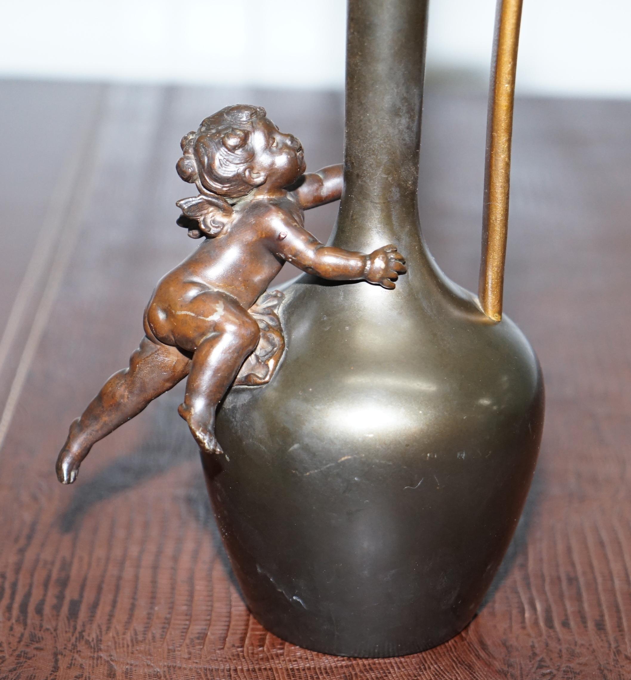 Pair of 1930s Vintage Bronze Jug Vase Urns with Little Cherub Angles Nice Find For Sale 4