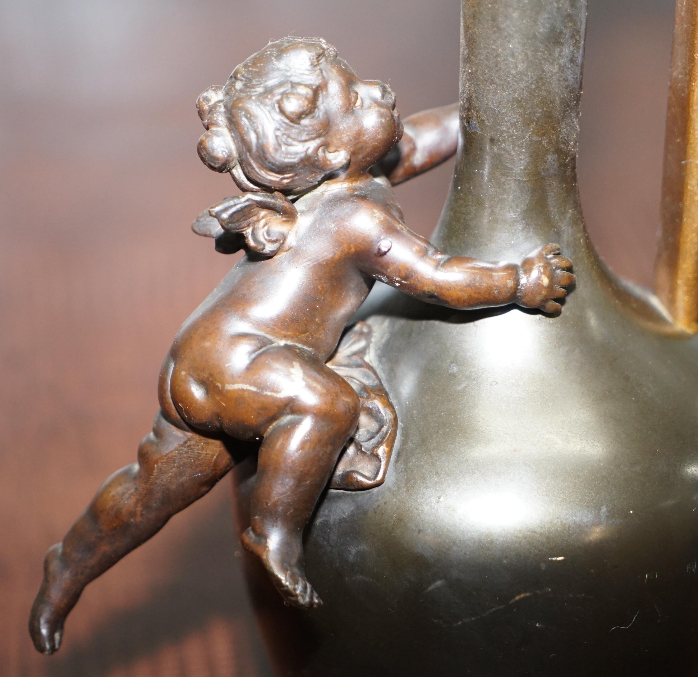 Pair of 1930s Vintage Bronze Jug Vase Urns with Little Cherub Angles Nice Find For Sale 5
