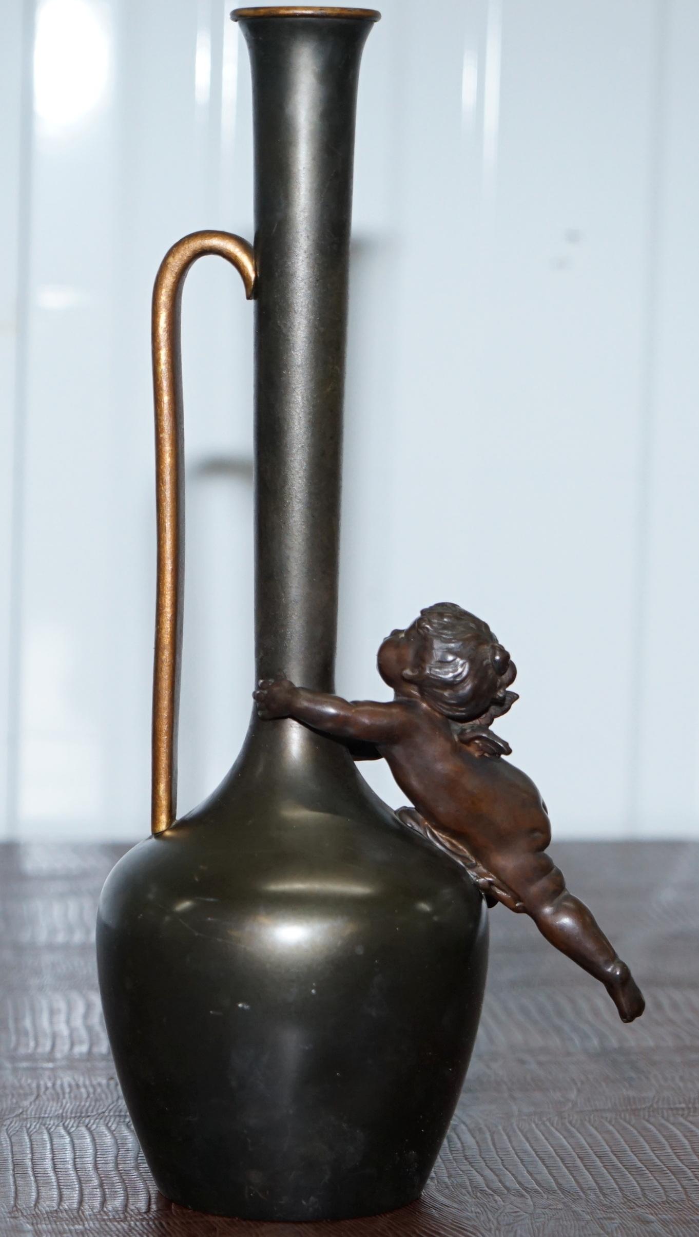 Pair of 1930s Vintage Bronze Jug Vase Urns with Little Cherub Angles Nice Find For Sale 9