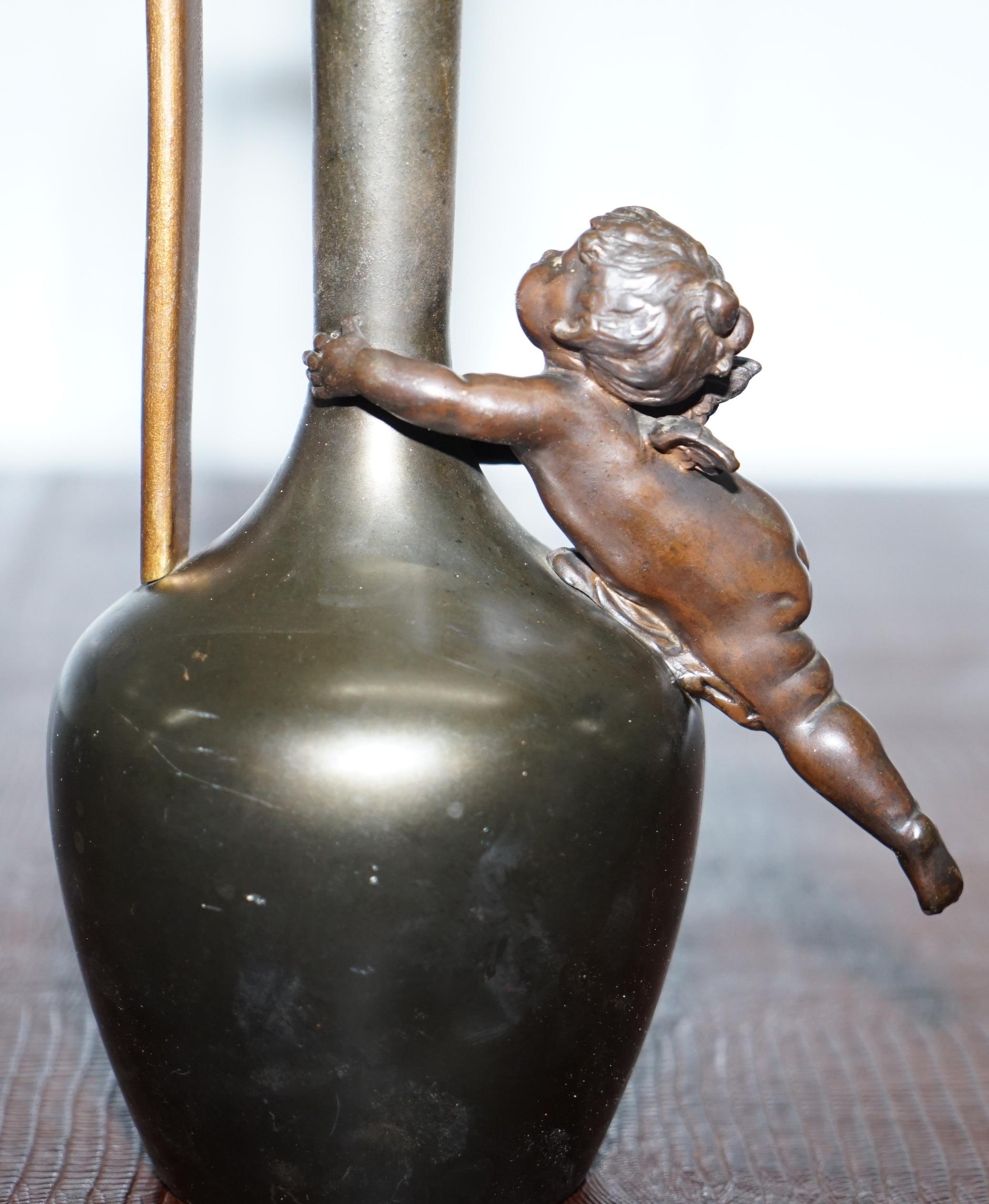 Pair of 1930s Vintage Bronze Jug Vase Urns with Little Cherub Angles Nice Find For Sale 10