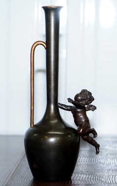 Pair of 1930s Vintage Bronze Jug Vase Urns with Little Cherub Angles Nice Find