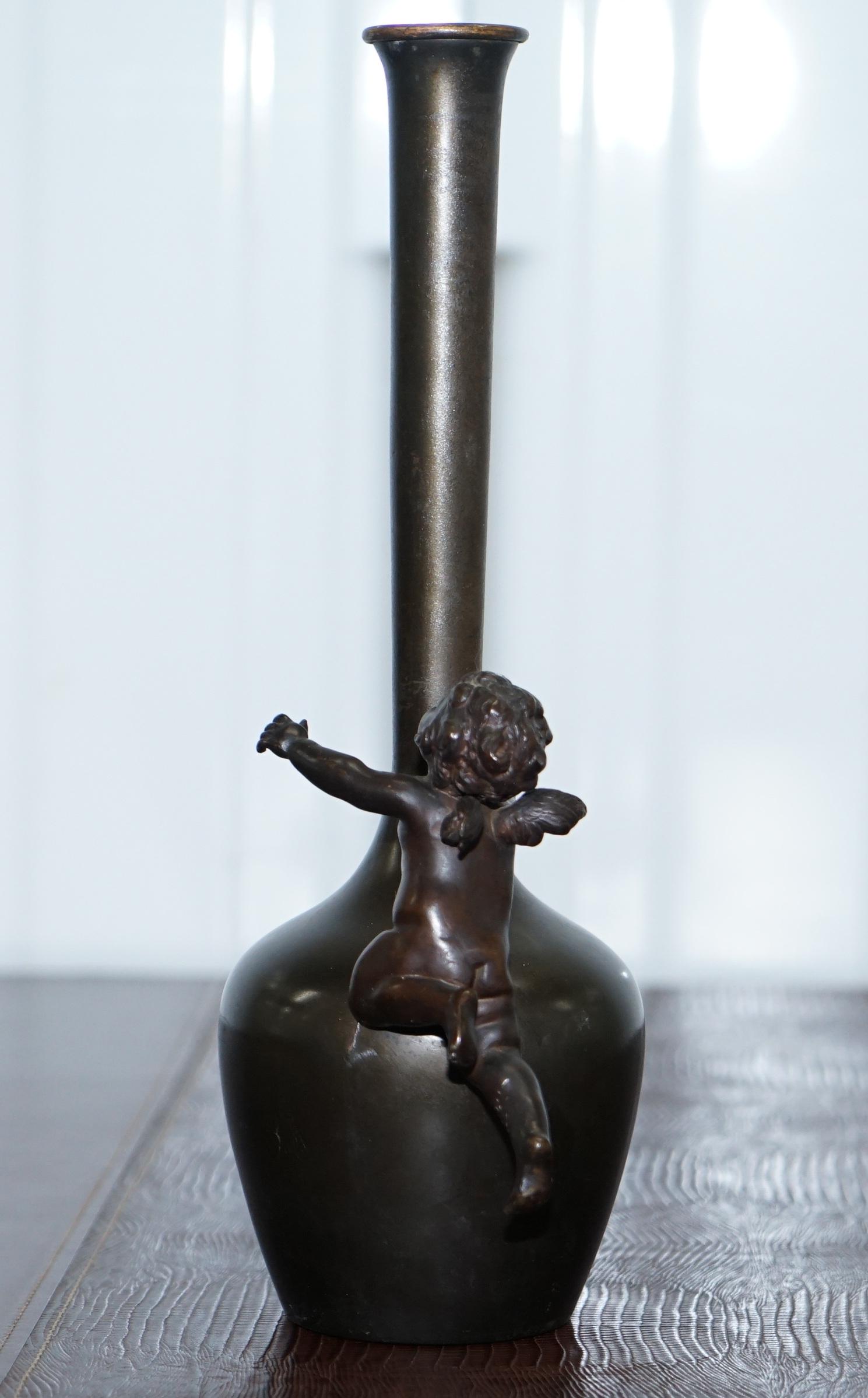 Pair of 1930s Vintage Bronze Jug Vase Urns with Little Cherub Angles Nice Find For Sale 1