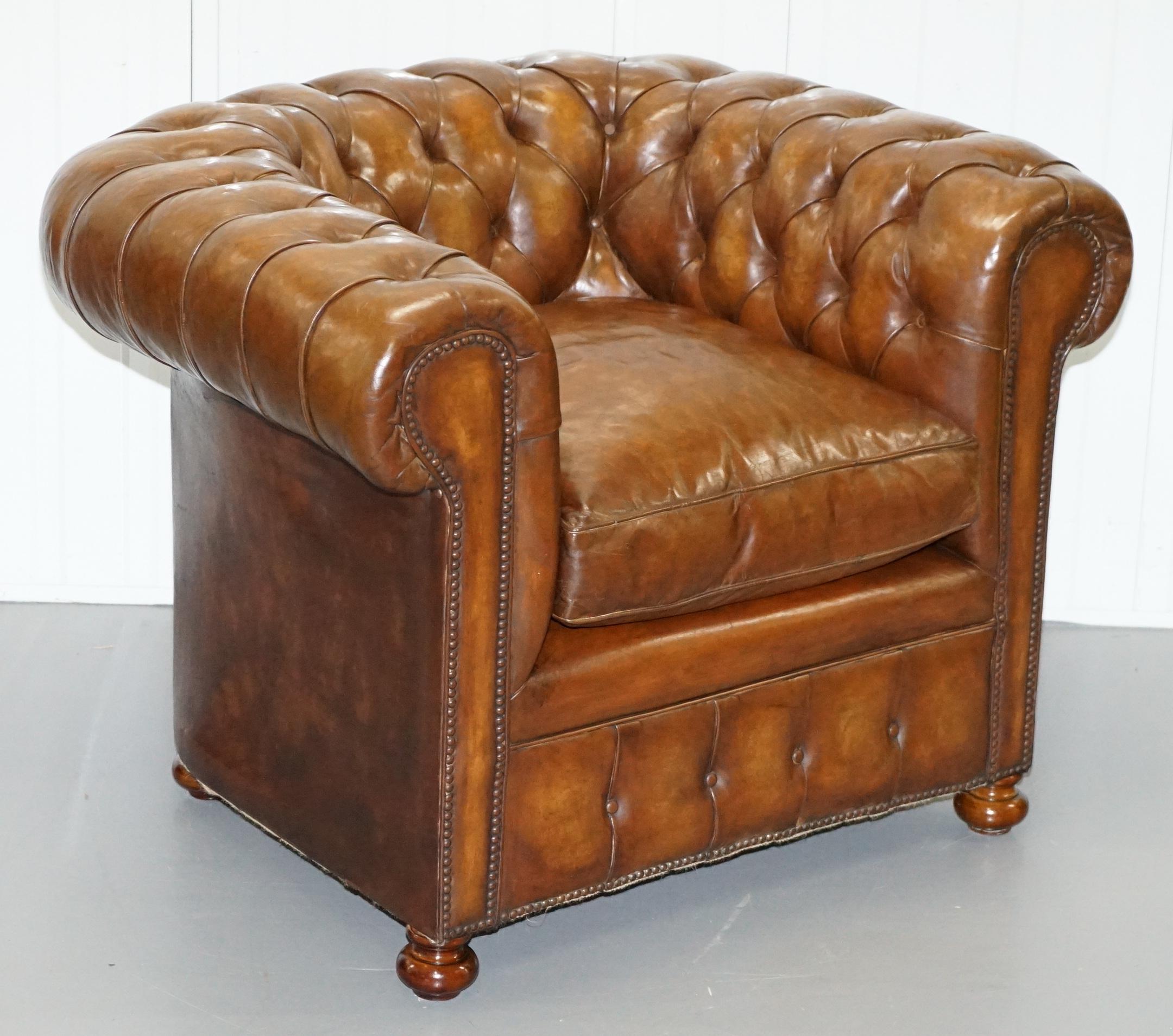 Pair of 1930s Vintage Restored Chesterfield Club Armchairs Cigar Brown Leather 10
