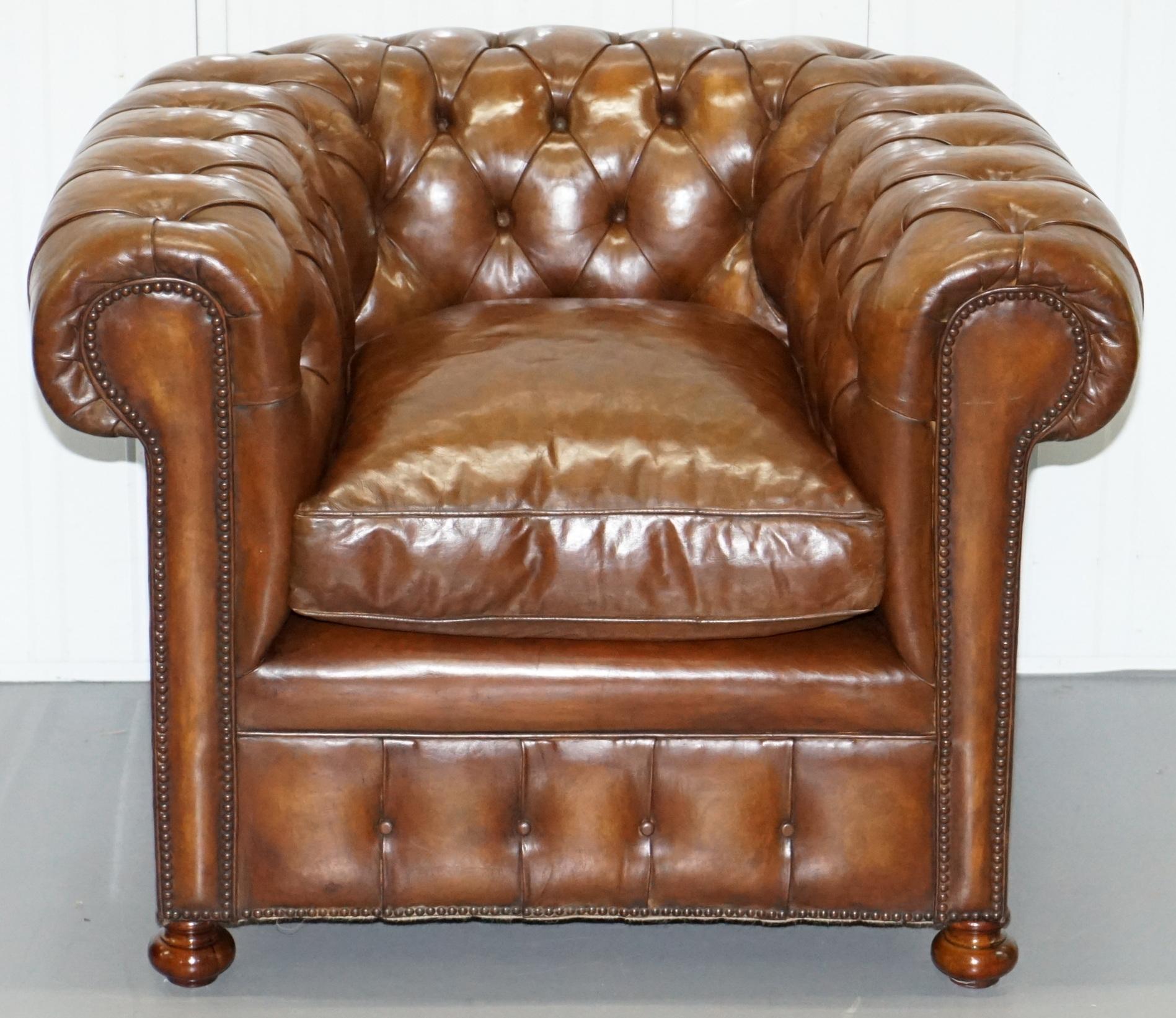 Pair of 1930s Vintage Restored Chesterfield Club Armchairs Cigar Brown Leather 11