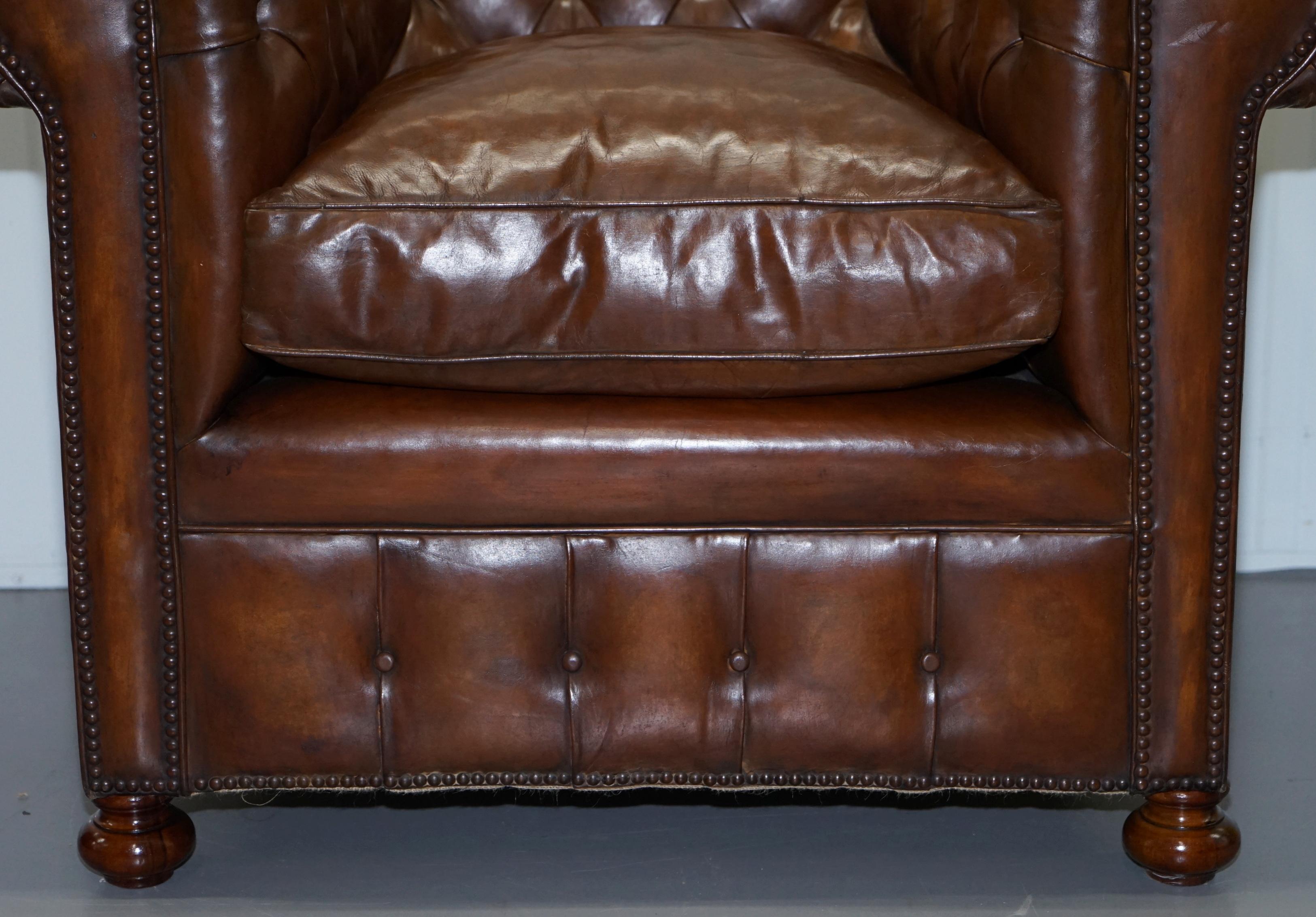Pair of 1930s Vintage Restored Chesterfield Club Armchairs Cigar Brown Leather 12