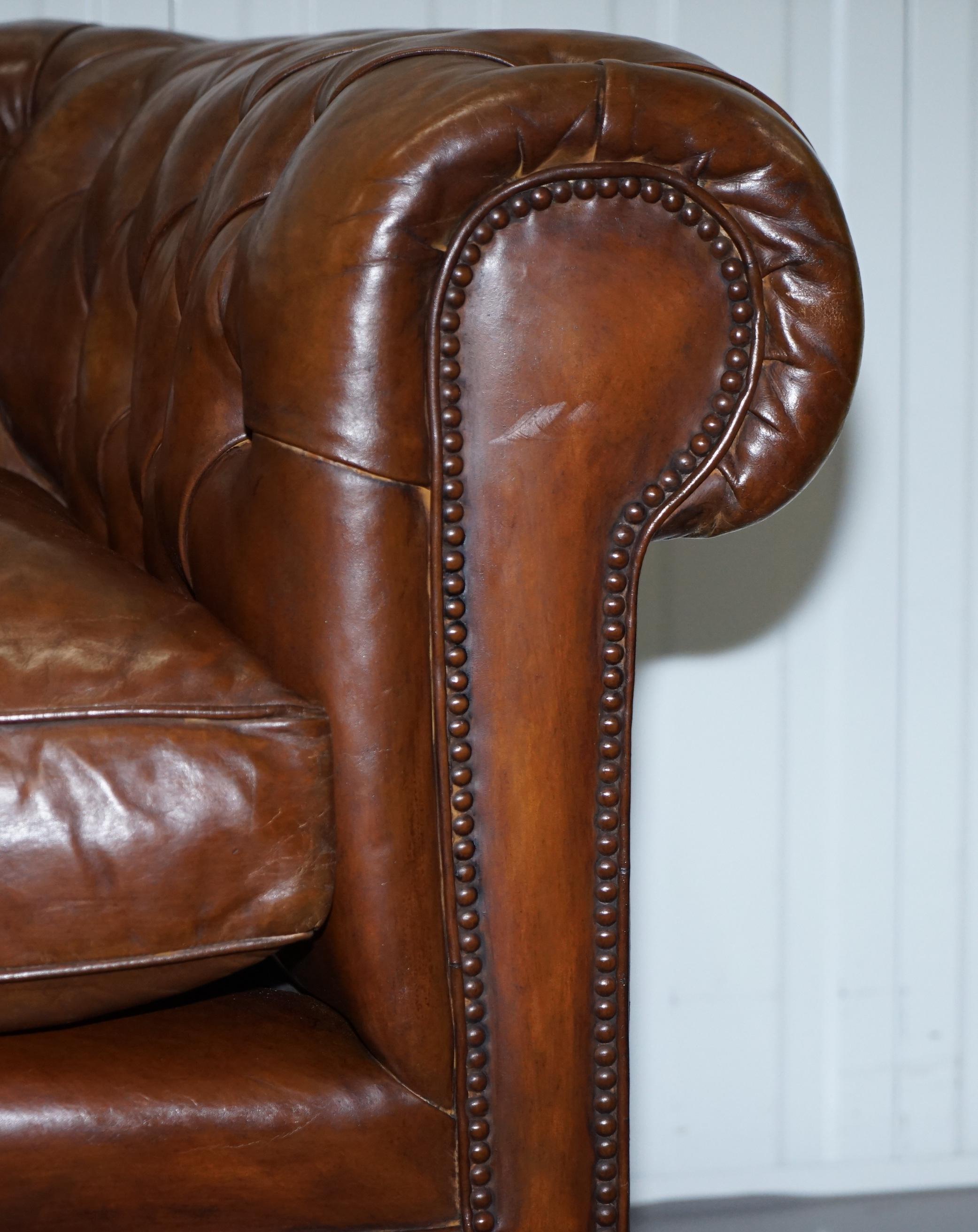 Pair of 1930s Vintage Restored Chesterfield Club Armchairs Cigar Brown Leather 14
