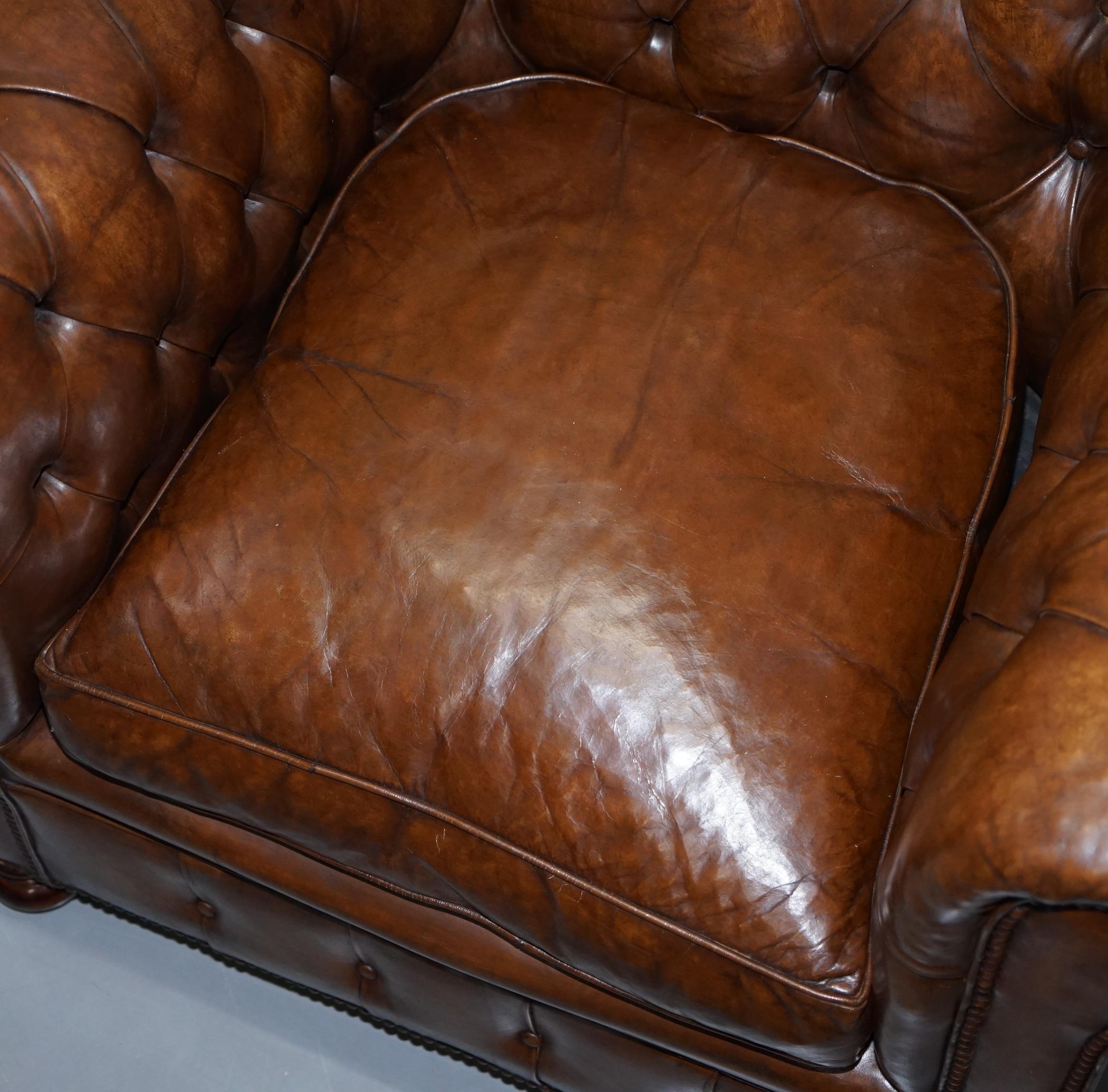 Mid-20th Century Pair of 1930s Vintage Restored Chesterfield Club Armchairs Cigar Brown Leather
