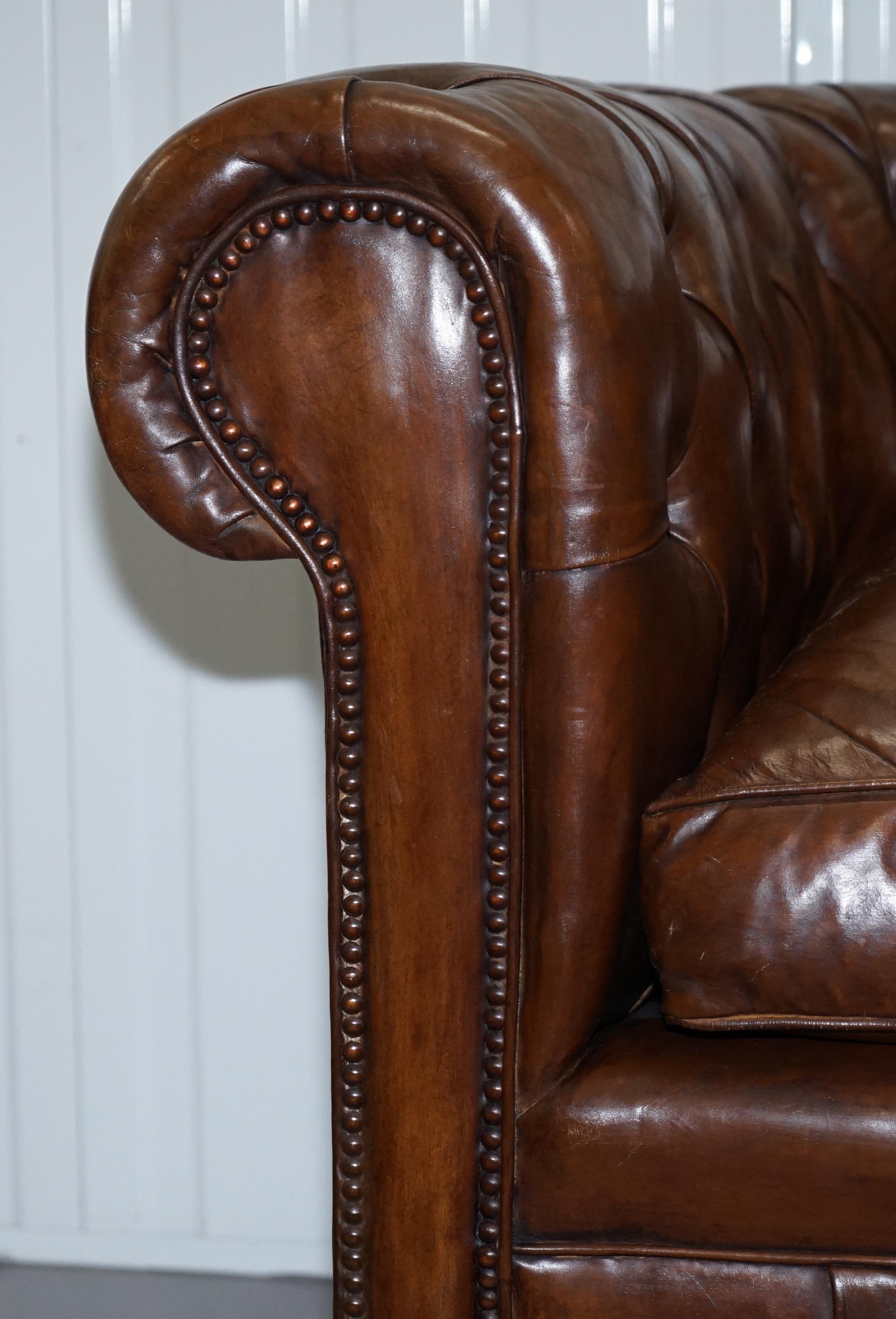 Pair of 1930s Vintage Restored Chesterfield Club Armchairs Cigar Brown Leather 3