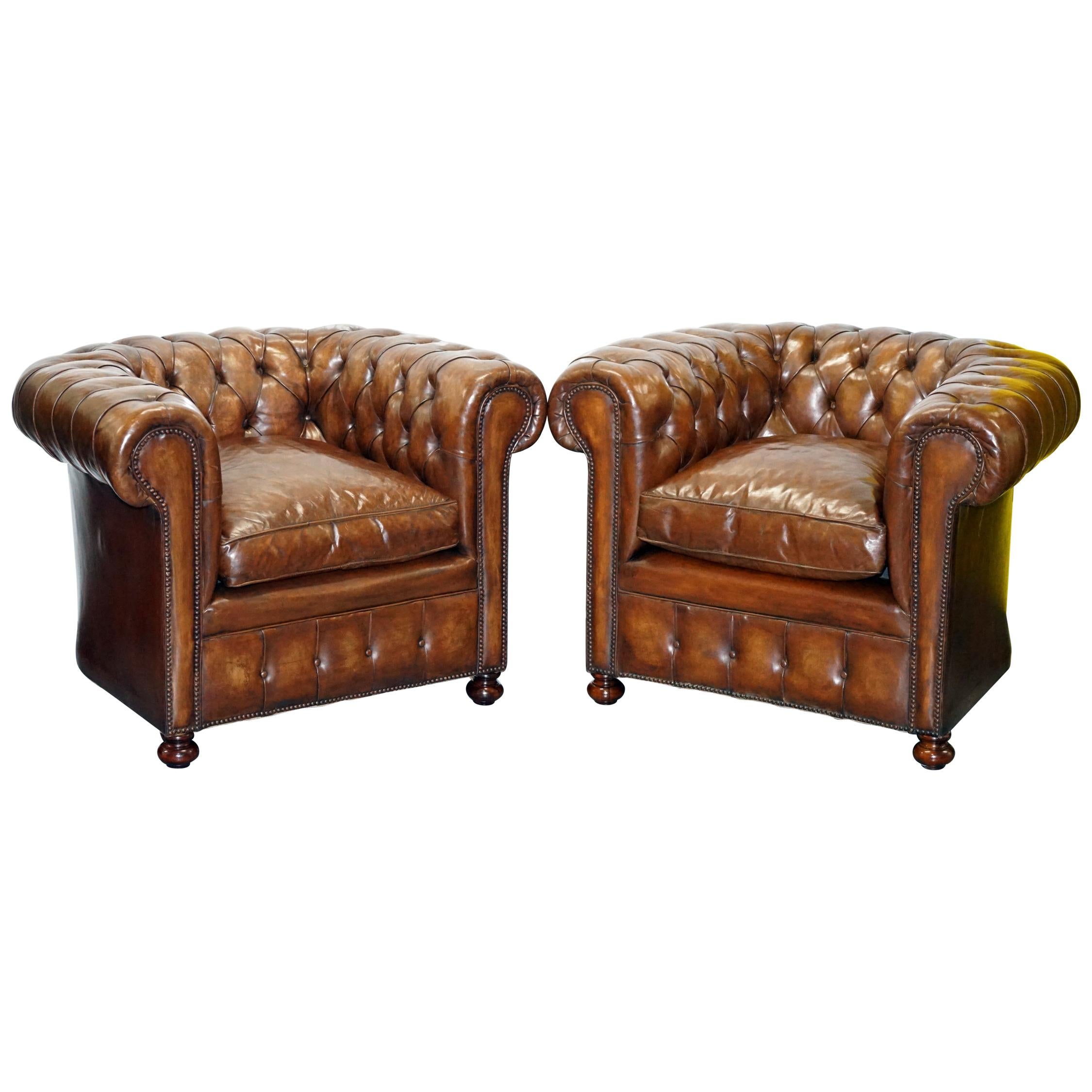 Pair of 1930s Vintage Restored Chesterfield Club Armchairs Cigar Brown Leather