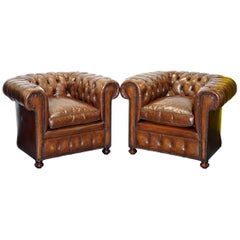 Pair of 1930s Used Restored Chesterfield Club Armchairs Cigar Brown Leather