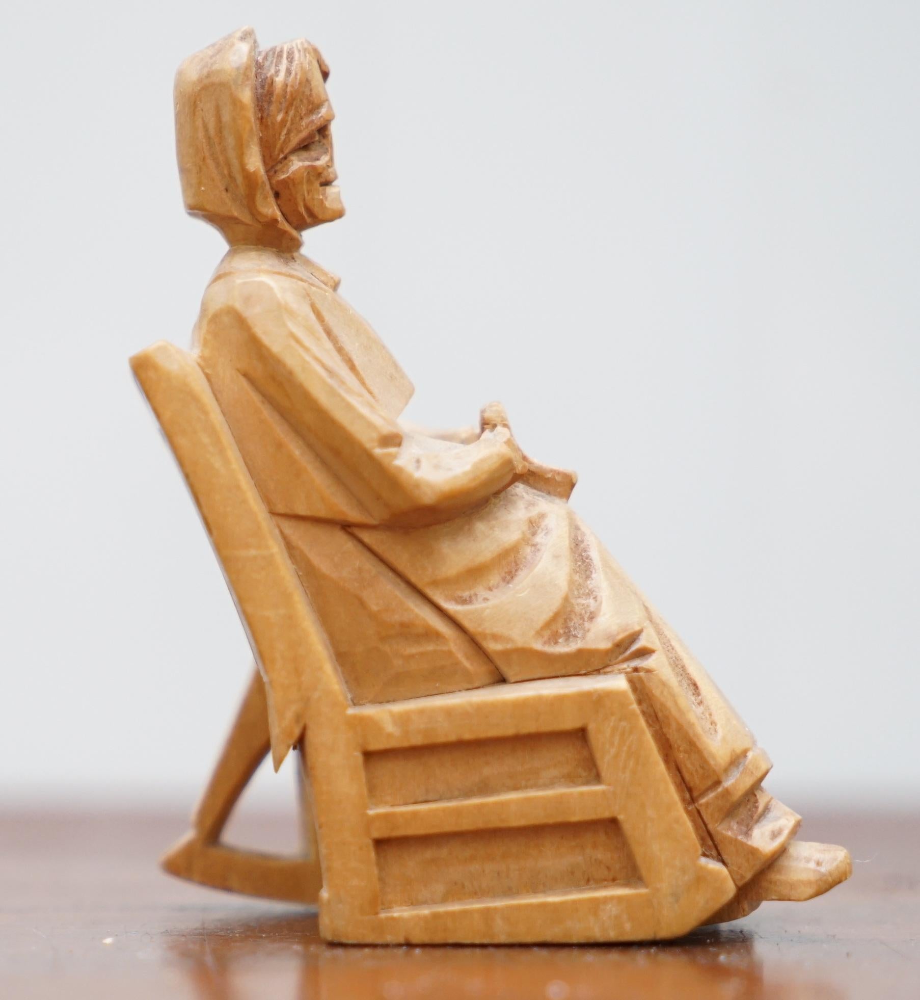 Mid-Century Modern Pair of 1938 Andre Bourgault Miniatur Carved Wood Statues Couple Rocking Chairs For Sale