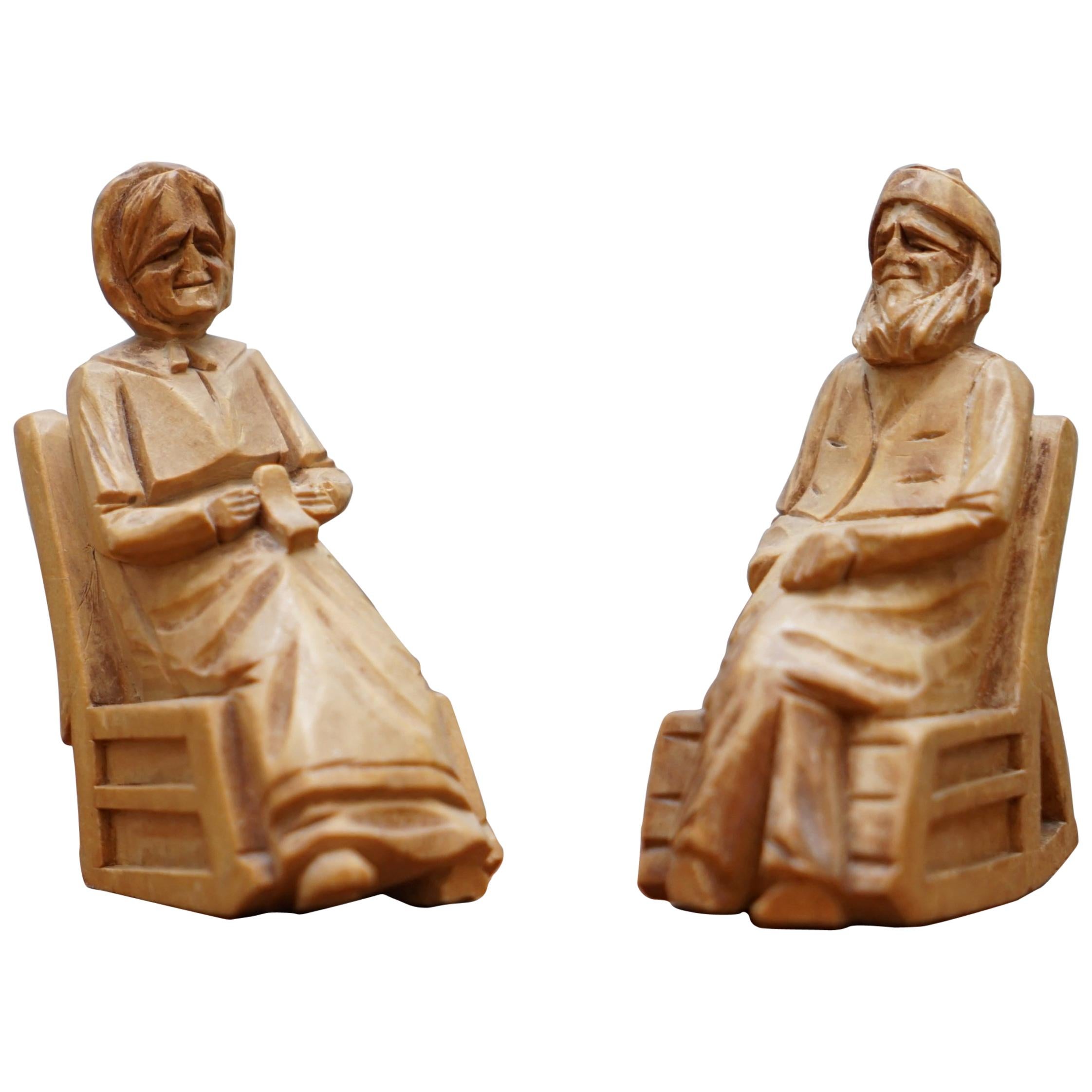 Pair of 1938 Andre Bourgault Miniatur Carved Wood Statues Couple Rocking Chairs For Sale